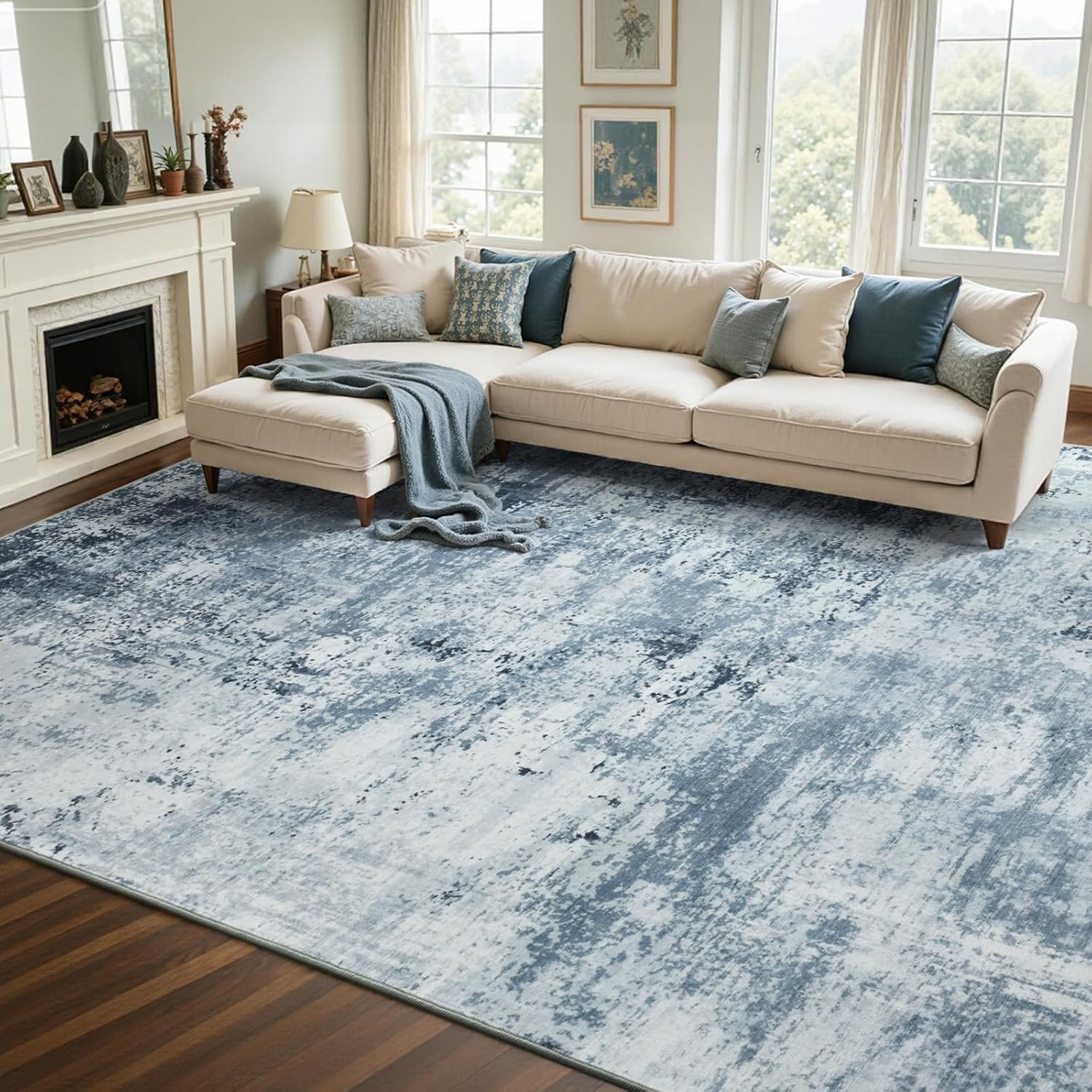 Detalle de 6x9 Ft Blue Abstract Area Rug — Non-Slip, Washable, Soft Low-Pile for Living Room