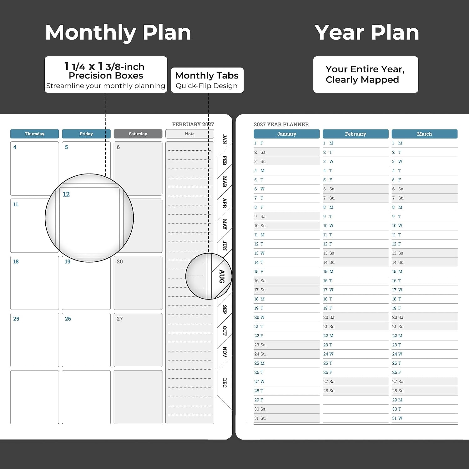 Detalle de IN-LUXPRO 2027 Weekly and Monthly Planner with Vegan Leather Cover, Tabs & Pocket