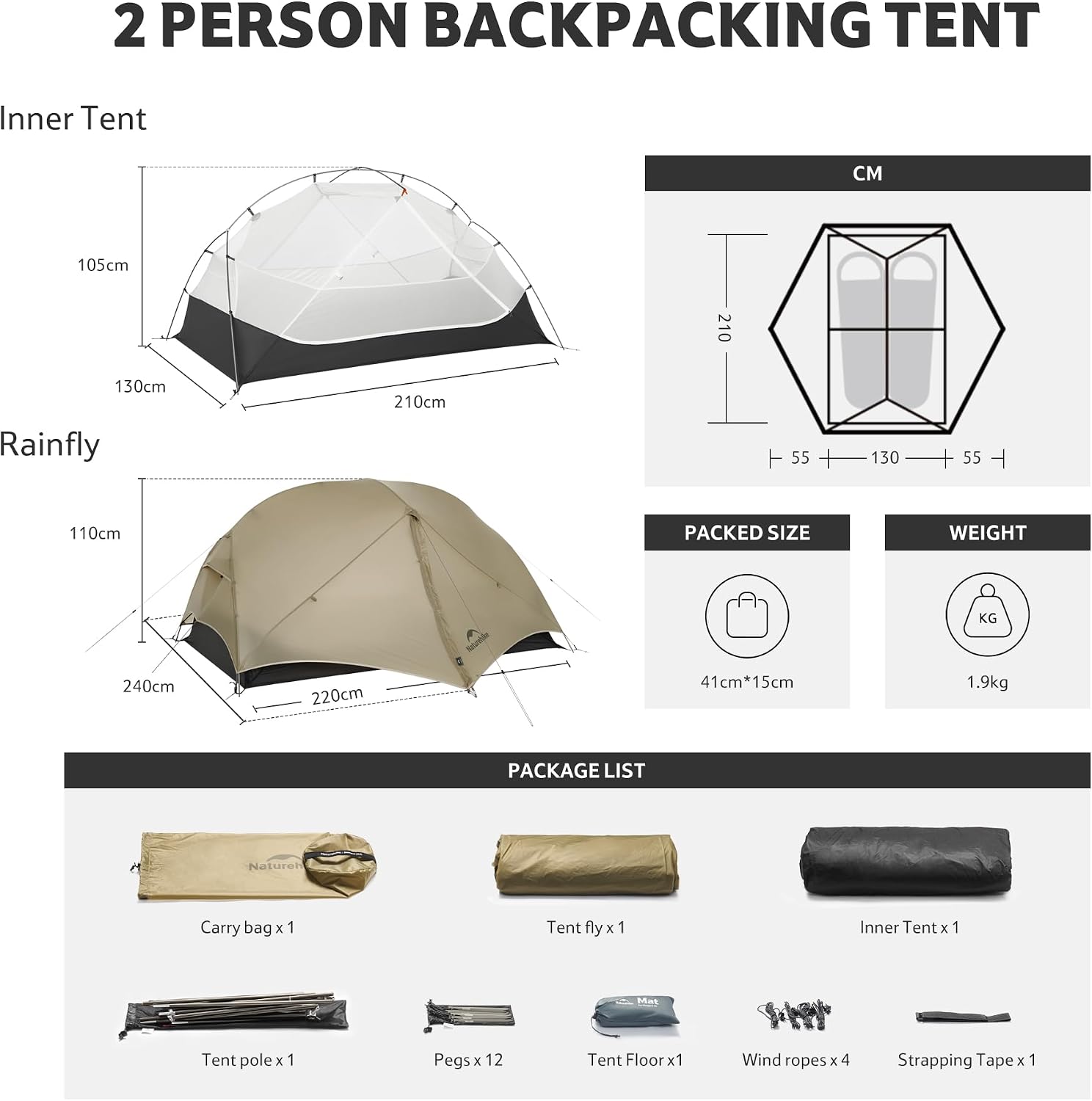 Thumbnail 1 de Naturehike Mongar UL trekkingtent voor 2 personen, nylon en PU-waterdicht
