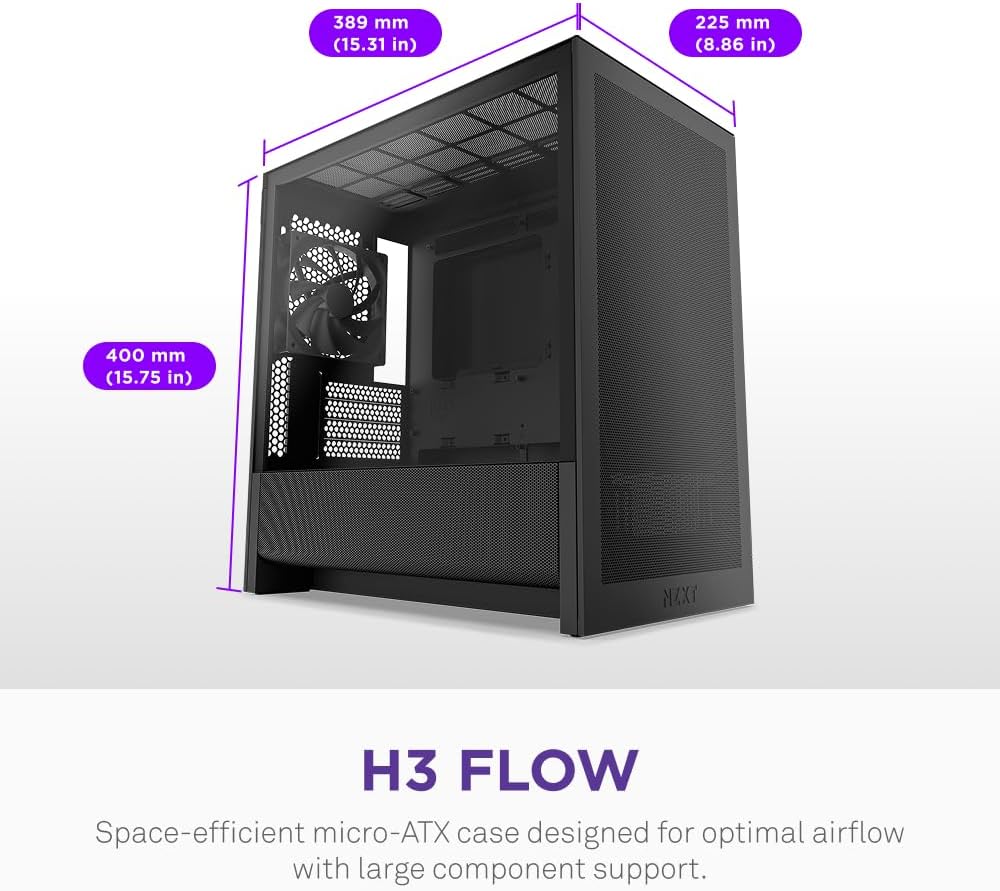 Detalle de NZXT H3 Flow CC-H31FB-01 Micro-ATXミドルタワーPCケース、メッシュ設計・背面コネクタ対応
