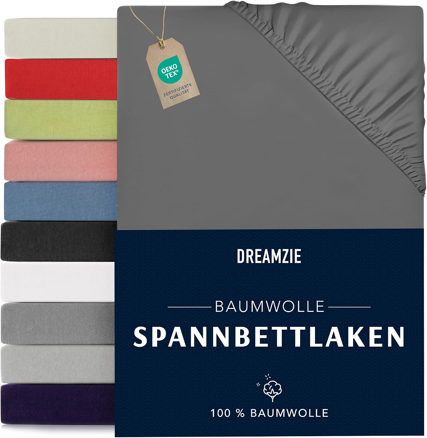 Detalle de Dreamzie Spannbettlaken 70x190/200 cm aus Baumwolle – OEKO-TEX zertifiziert, Anthrazitgrau