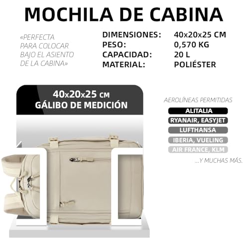 Detalle de Mochila de cabina RAYKONG 40x20x25 cm (20 L) Beige