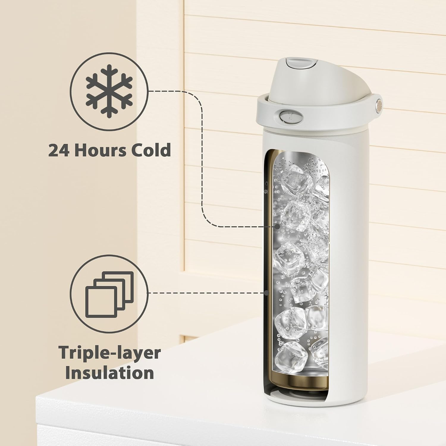 Detalle 2 de Meoky 24 oz Insulated Stainless Steel Water Bottle with 2-in-1 Lid, Ivory