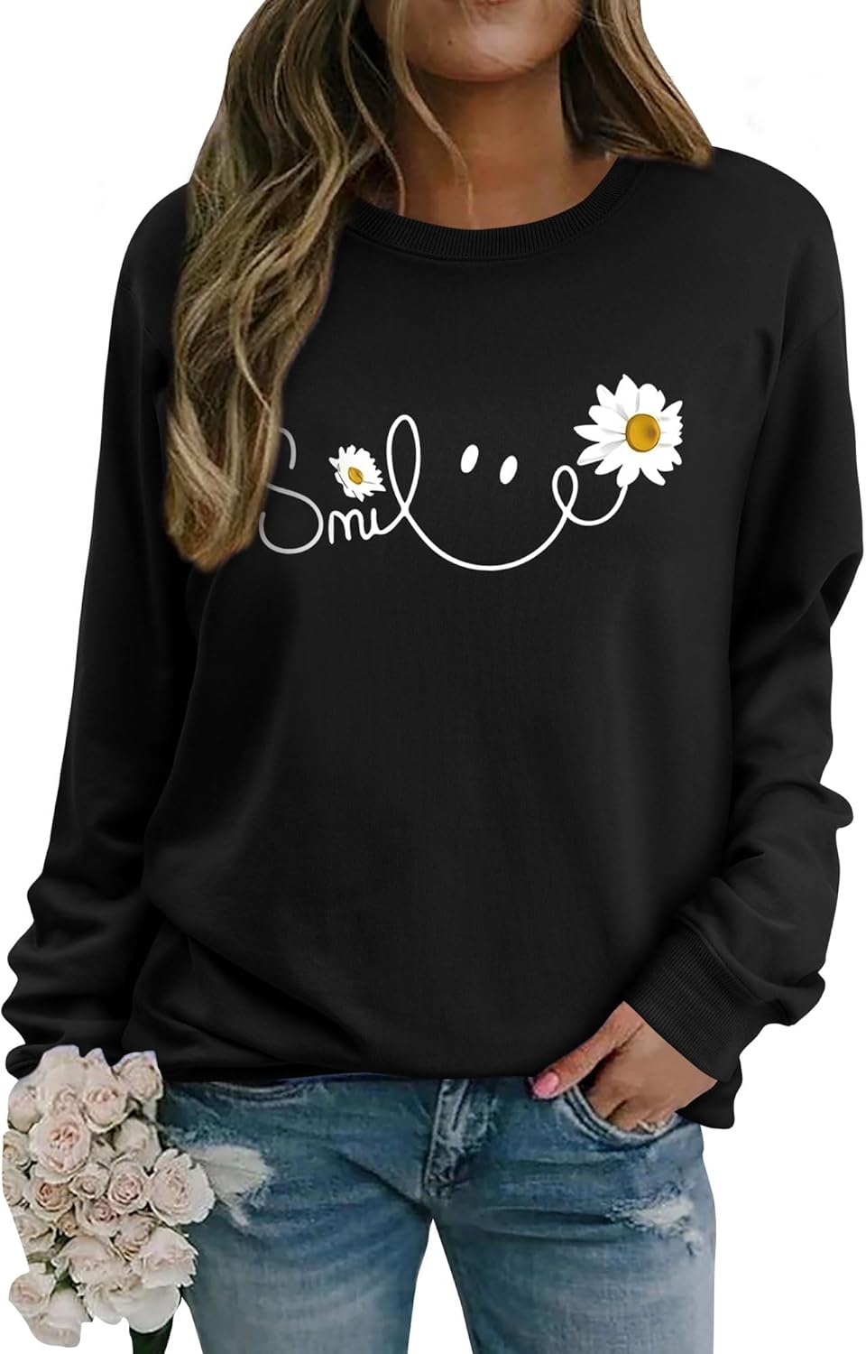 Detalle de Yihelian Damen Sweatshirt mit Gänseblümchen Muster – Weicher Baumwollpullover im Oversize, Rundhals