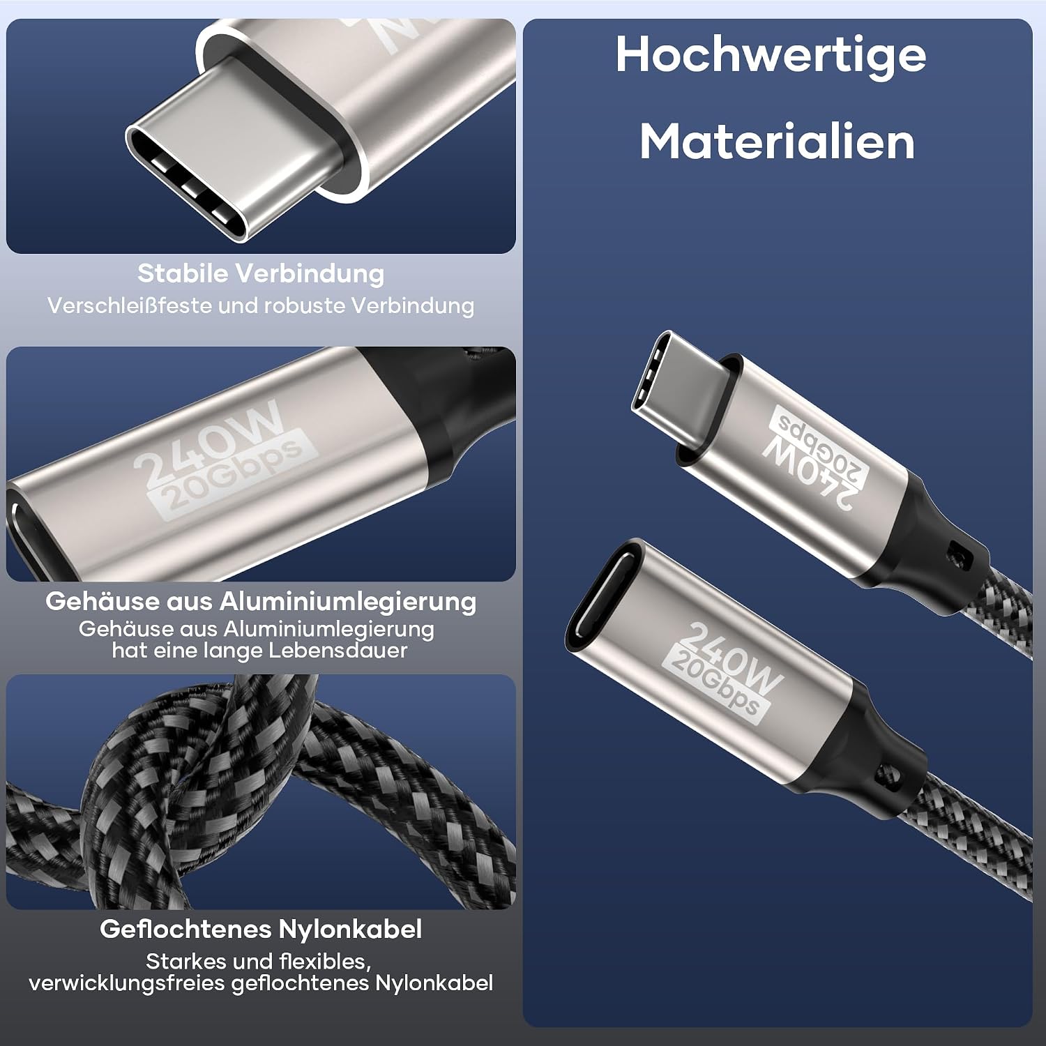 Thumbnail 6 de USB-C-Verlängerungskabel 2 m (USB 3.2 Gen 2, 20 Gbit/s) mit bis zu 240 W Laden und Video bis 5K@60 Hz / 4K@144 Hz