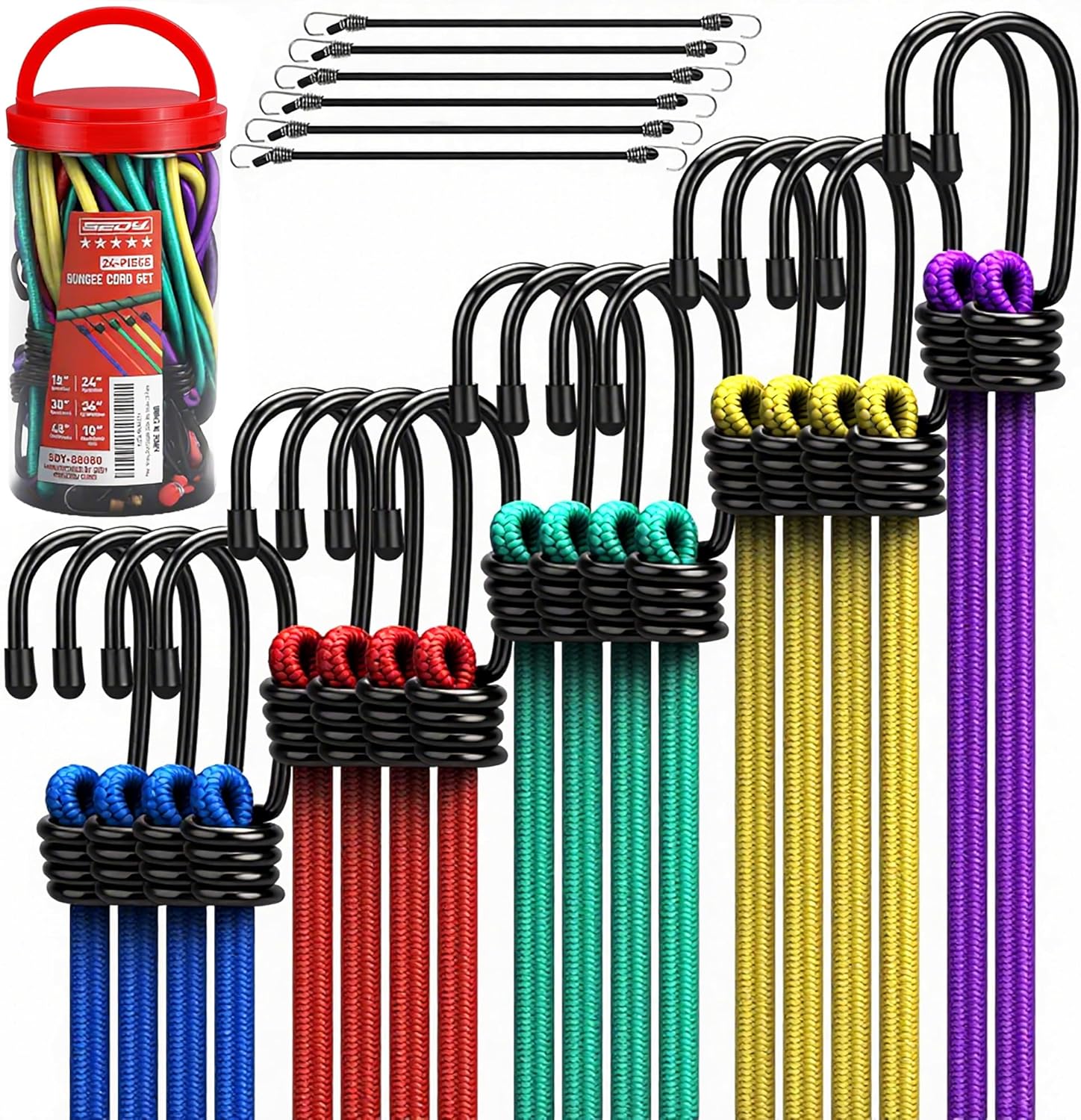 24-Piece Premium Heavy-Duty Bungee Cords Outdoor Set with Hooks in Storage Jar (10"–48" lengths)