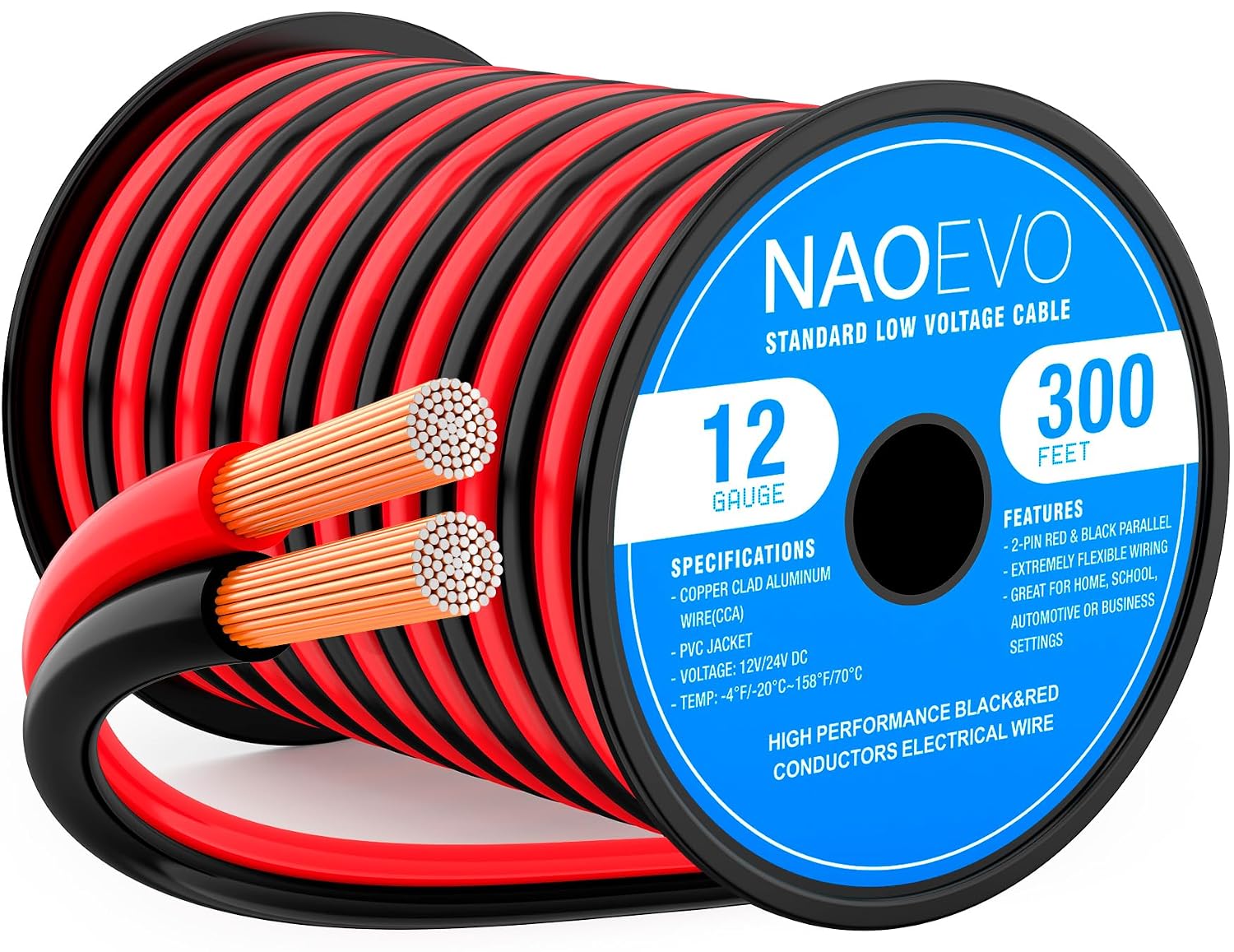 Detalle de NAOEVO EC2CRB-12A300FT 12 AWG CCA Wire, Red and Black, 2-Conductor
