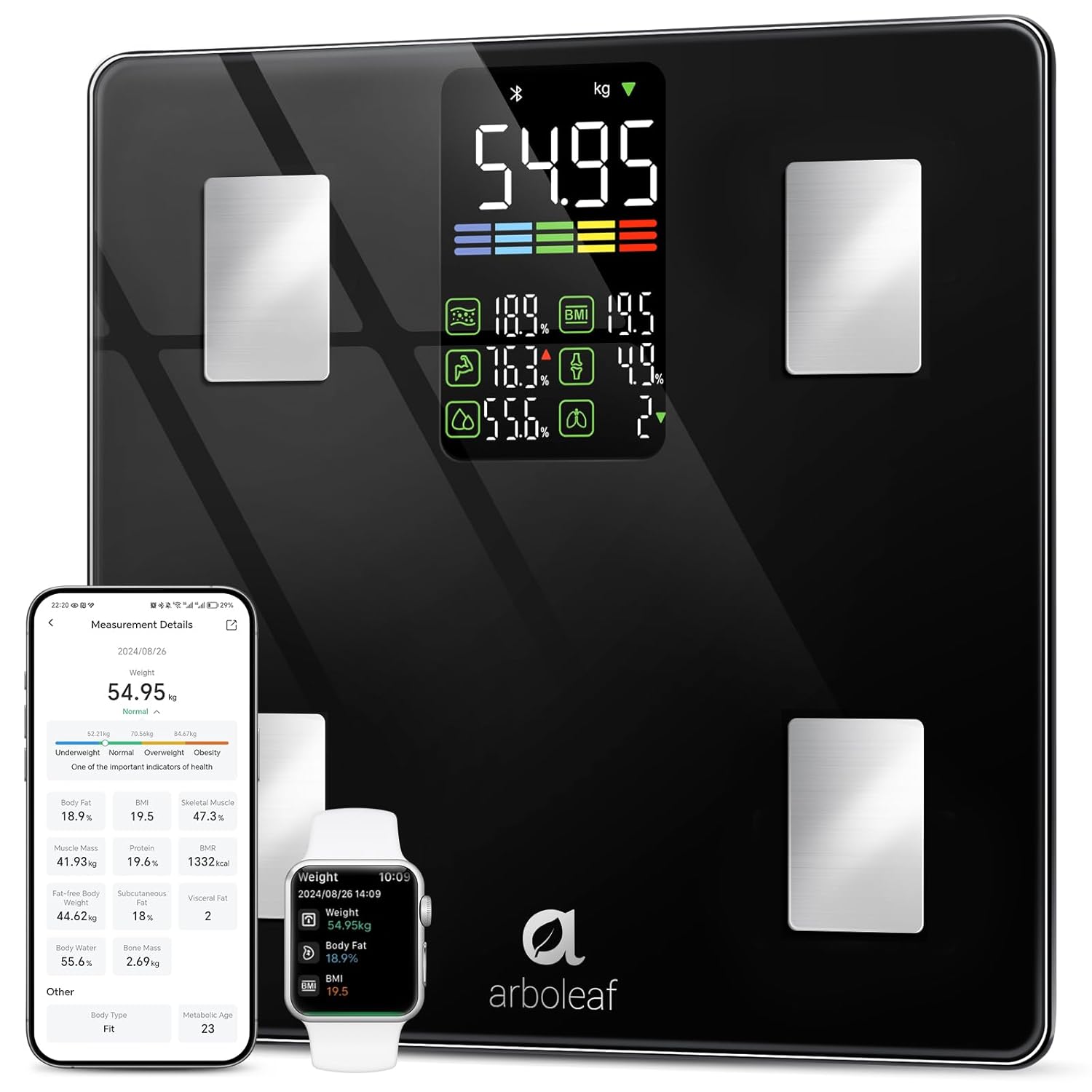 arboleaf Smart Scales for Body Weight & Fat with Bluetooth app (500lb/227kg) and 14 metrics