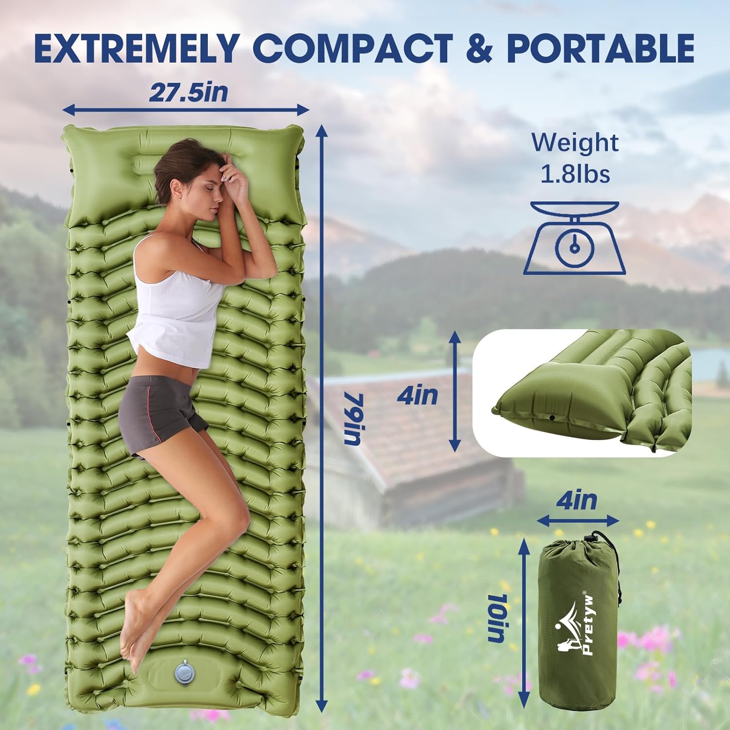 Thumbnail 1 de Pretyw Sleeping Pad for Camping – Ultralight 4-Inch Thick with Built-In Pillow and Foot Pump