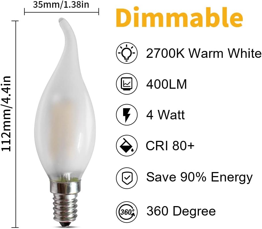 Detalle de BELINGGO E14 Dimmable LED Candelabra Bulbs 4W (C35, 2700K) – Pack of 10