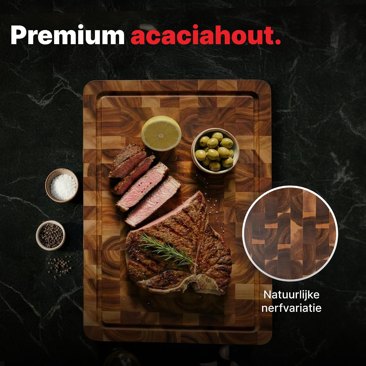 Detalle de Matakumi snijplank van acaciahout met kopshout, sapgroef en zijgrepen