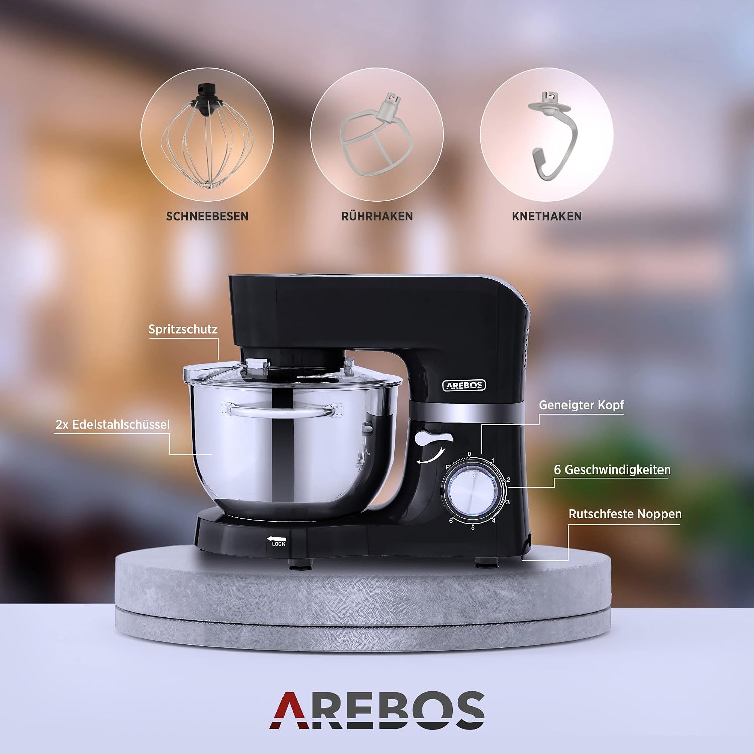 Thumbnail 6 de Arebos Küchenmaschine 1500W Schwarz