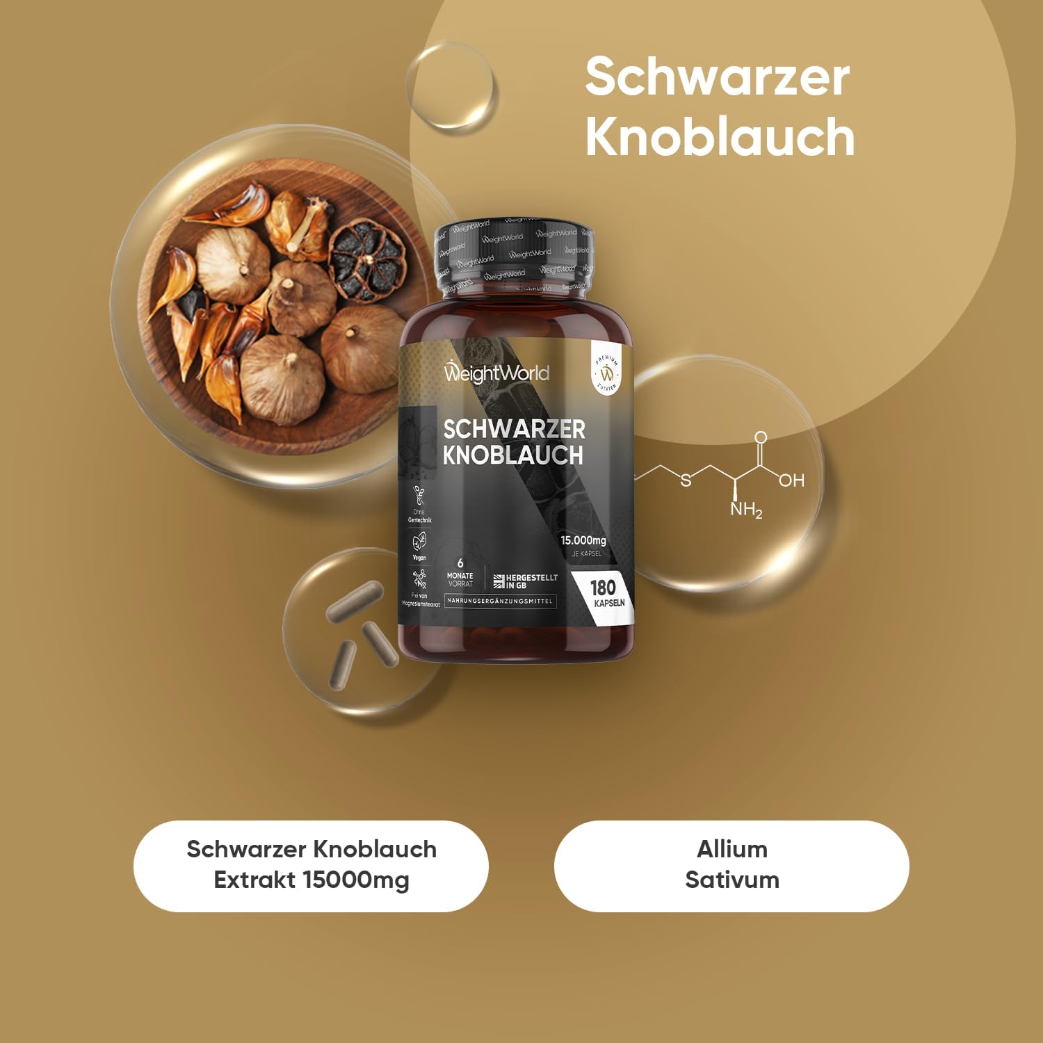 Thumbnail 1 de Schwarzer Knoblauch 100:1–15000 mg Extrakt (Allium sativum) – WeightWorld, 180 vegane Kapseln