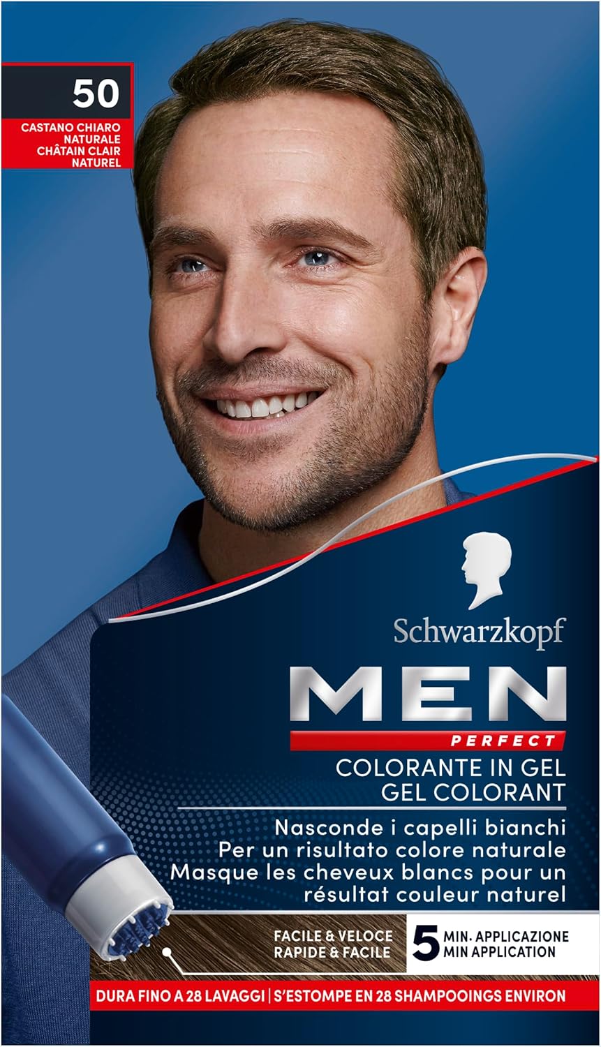 Detalle 2 de Schwarzkopf Men Perfect Tinta Copertura Capelli Bianchi 50 Castano Chiaro Naturale – Gel Colorante per Uomo