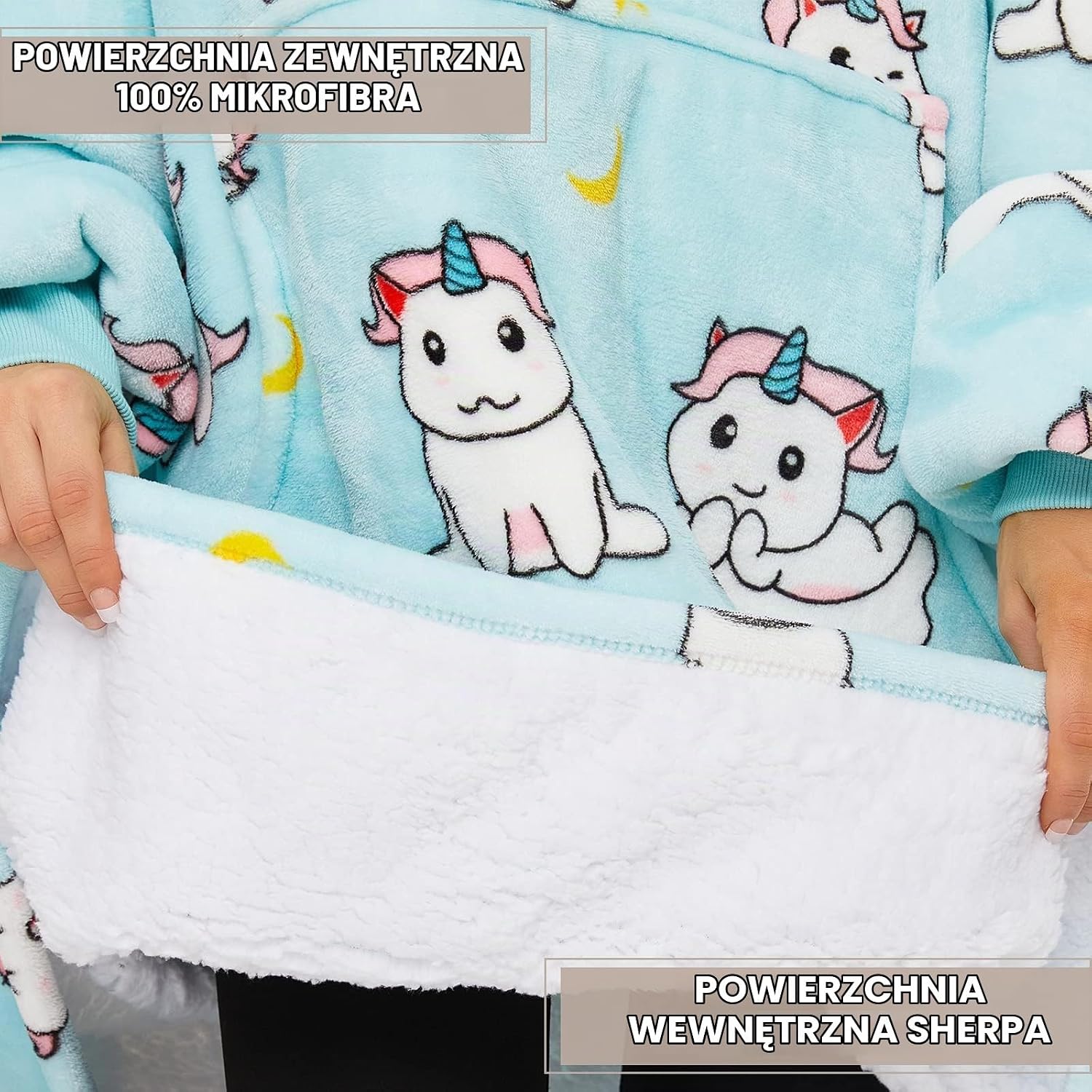 Detalle de THREE POODLE Wearable Blanket Hoodie – koc z kapturem z sherpy i polaru