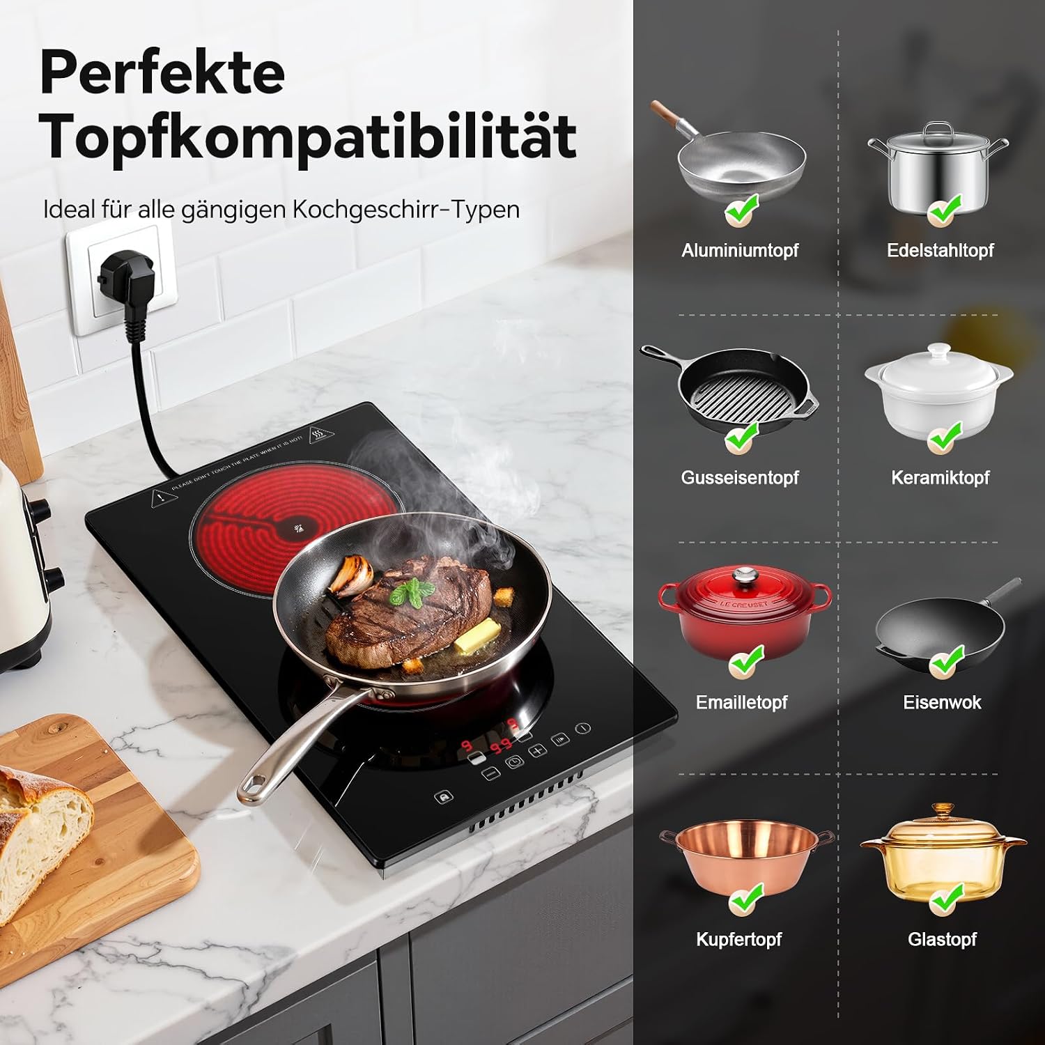 Thumbnail 6 de SNDOAS Glaskeramik-Kochfeld mit 2 Platten, 3000 W, Touch, Timer (1–99 Min) und Kindersicherung – schwarz