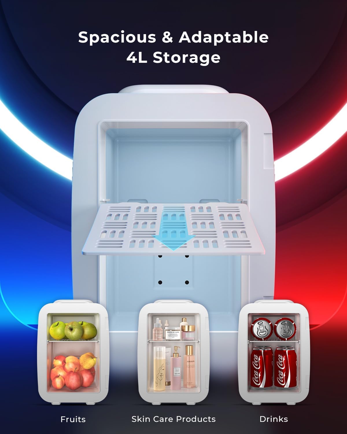 Detalle de BEICHEN Mini Kühlschrank 4L: Leise, 2-in-1 Kühl- & Heizfunktion, RGB Beleuchtung und flexible Stromversorgung
