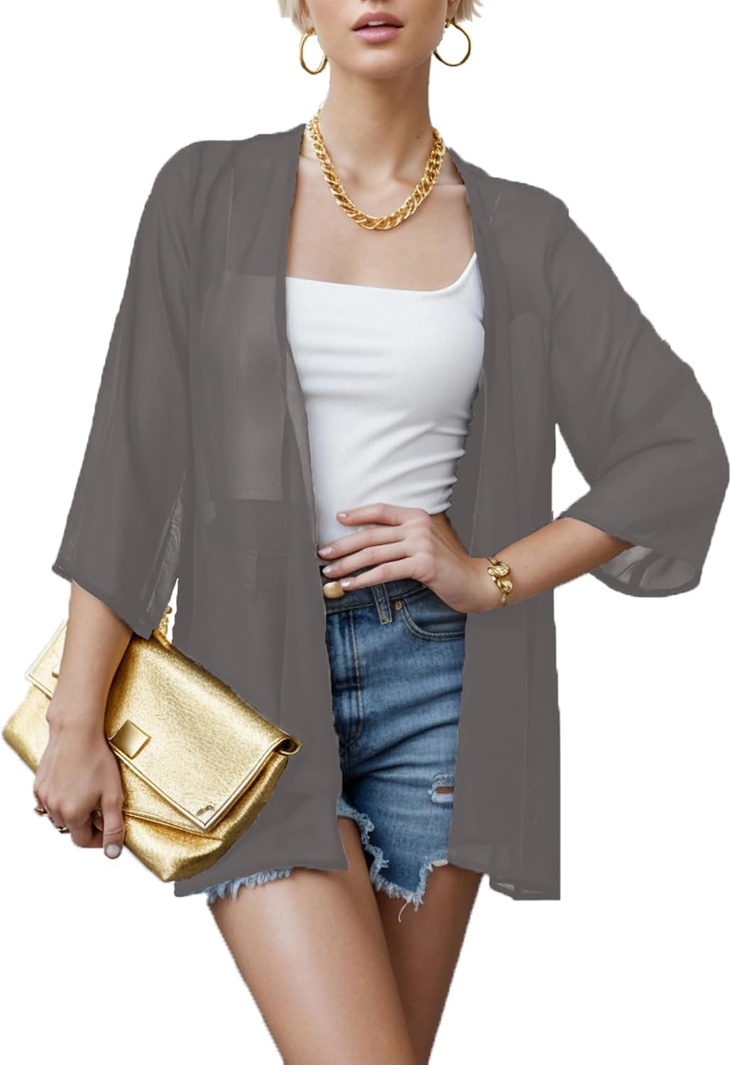 Detalle de Hey Joo Women's Sheer Chiffon Kimono Cardigan: Open Front, Loose Fit for Every Occasion