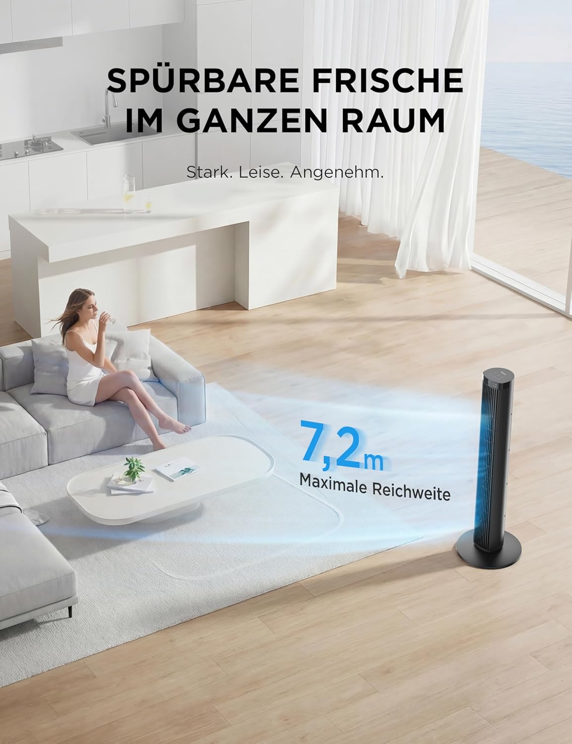Detalle de Midea Turmventilator FZ10-26MR(BL): leise, stark und zeitgesteuert für Schlaf- und Arbeitsräume