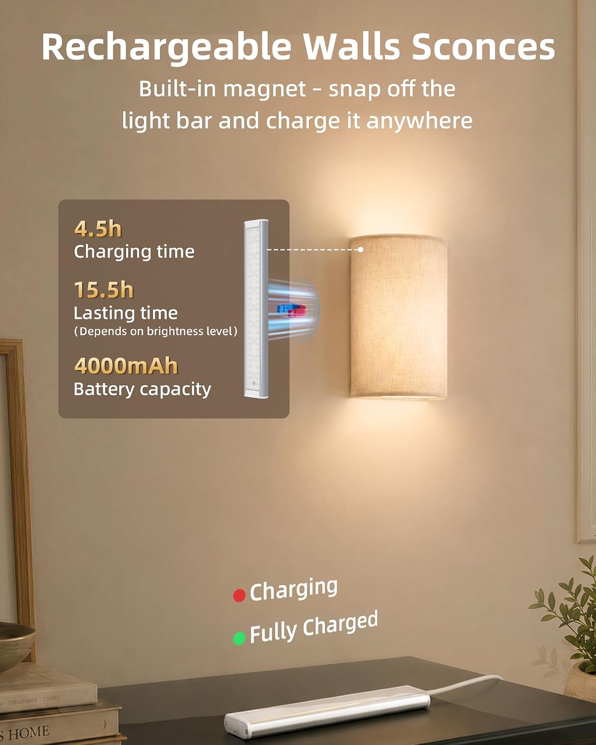 Detalle de EZVALO Rechargeable Wall Sconce Set of Two with Remote, Linen Shade, RGB Lighting