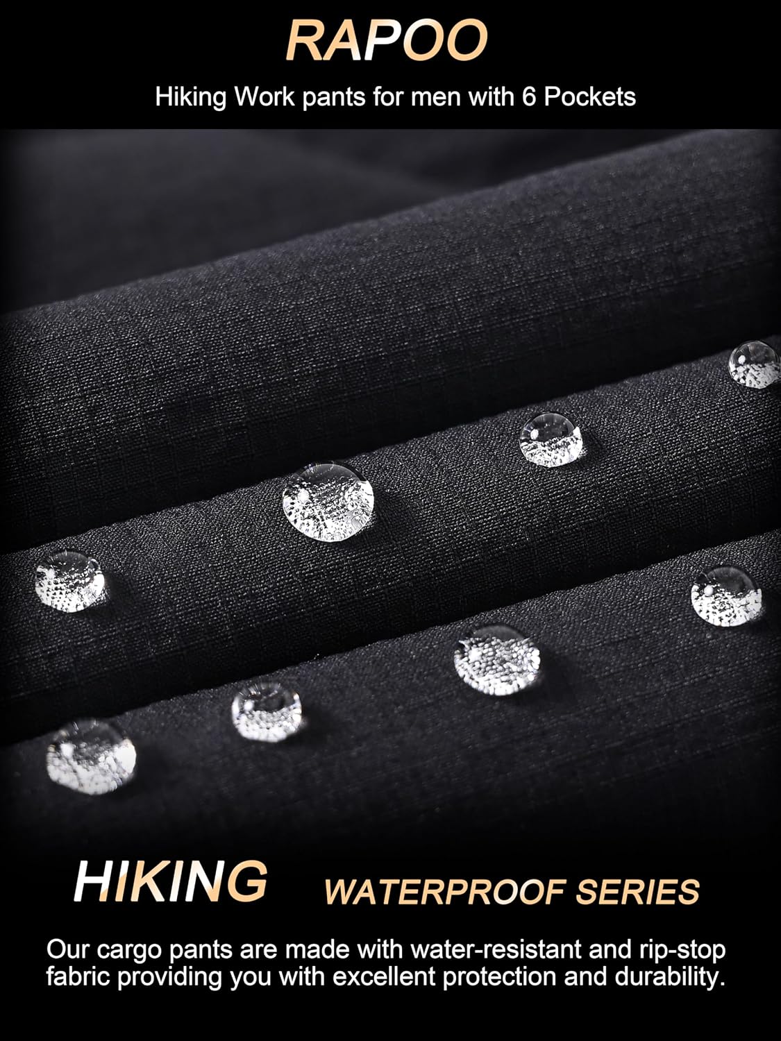 Detalle de Rapoo Men's Hiking Pants: Lightweight, Water-Resistant Nylon Cargo Pants with 6 Pockets