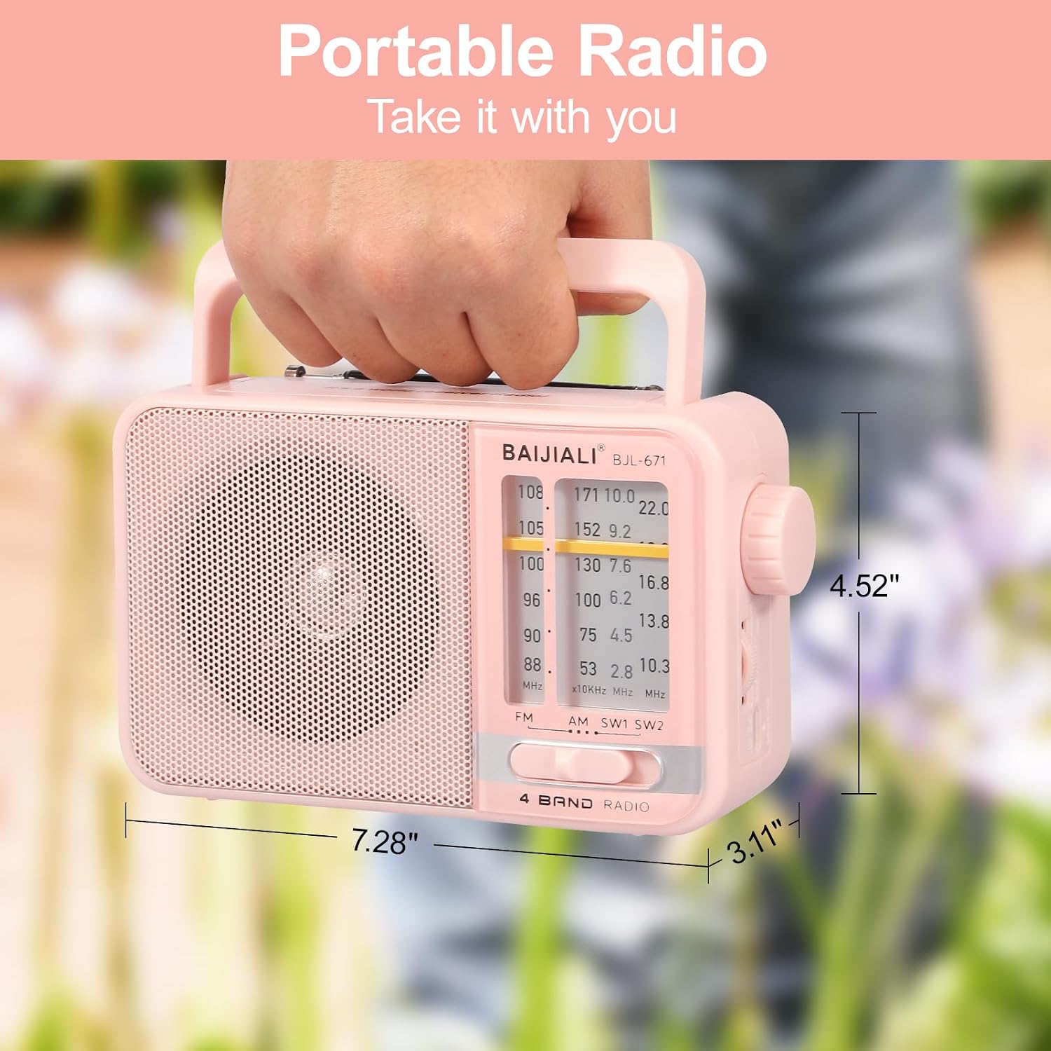 Thumbnail 1 de BAIJIALI BJL-671 Portable AM/FM/SW Radio, Pink, USB-C Rechargeable