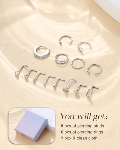 Detalle de CASSIECA 20G Silver Nose Ring Set – Hypoallergenic Surgical Steel with CZ Gemstones
