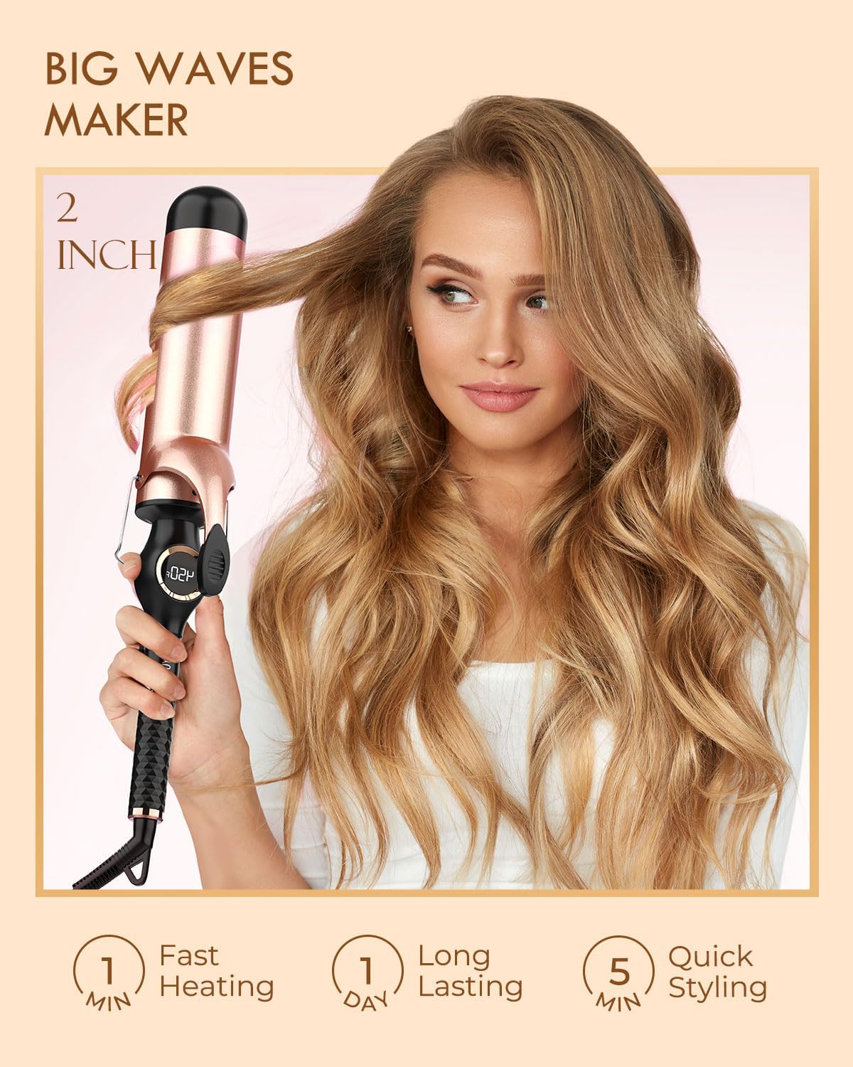 Detalle 2 de Large Curling Iron 2 Inch with Ceramic Long Barrel — Dual Voltage, LCD Display
