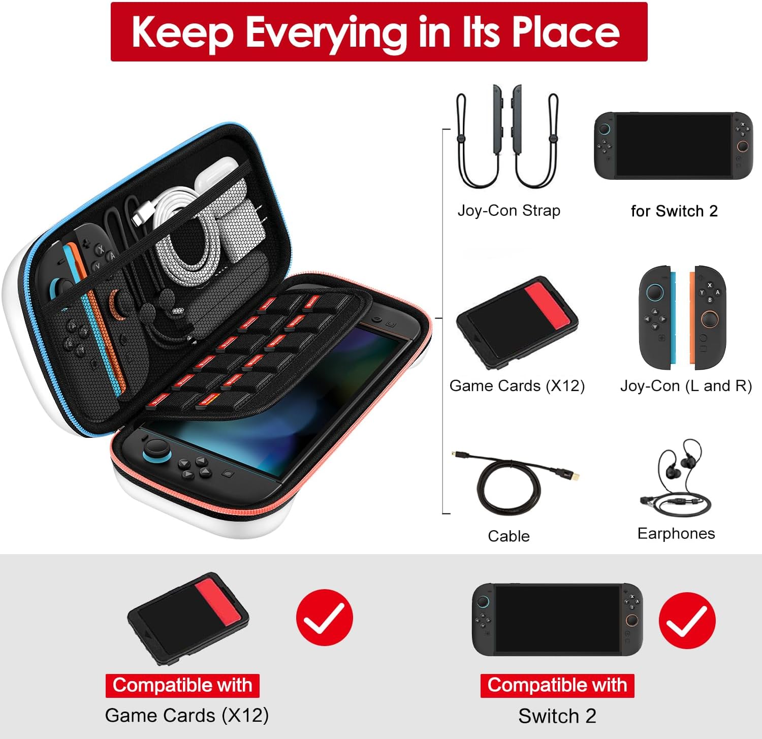 Detalle de ivoler Carry Case for Nintendo Switch 2 (2025 Model) in white – protective hard shell travel pouch