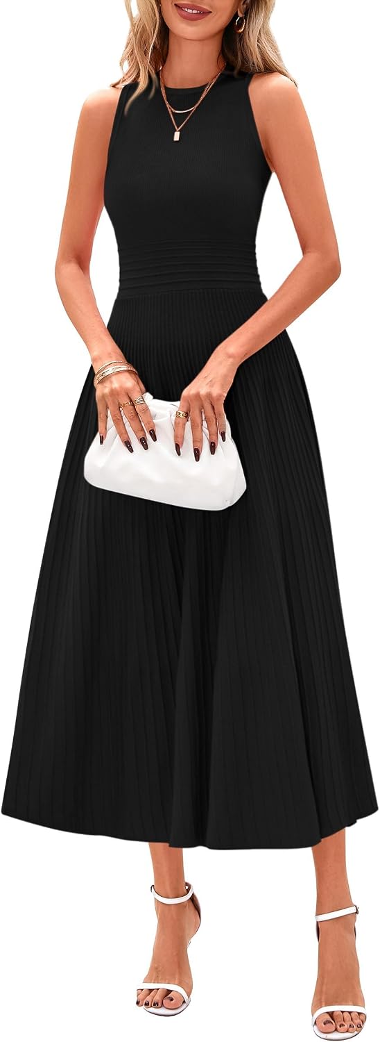 Detalle de PRETTYGARDEN Spring Casual Dresses for Women – 2026 Summer Midi A-Line Pleated Sleeveless Dress