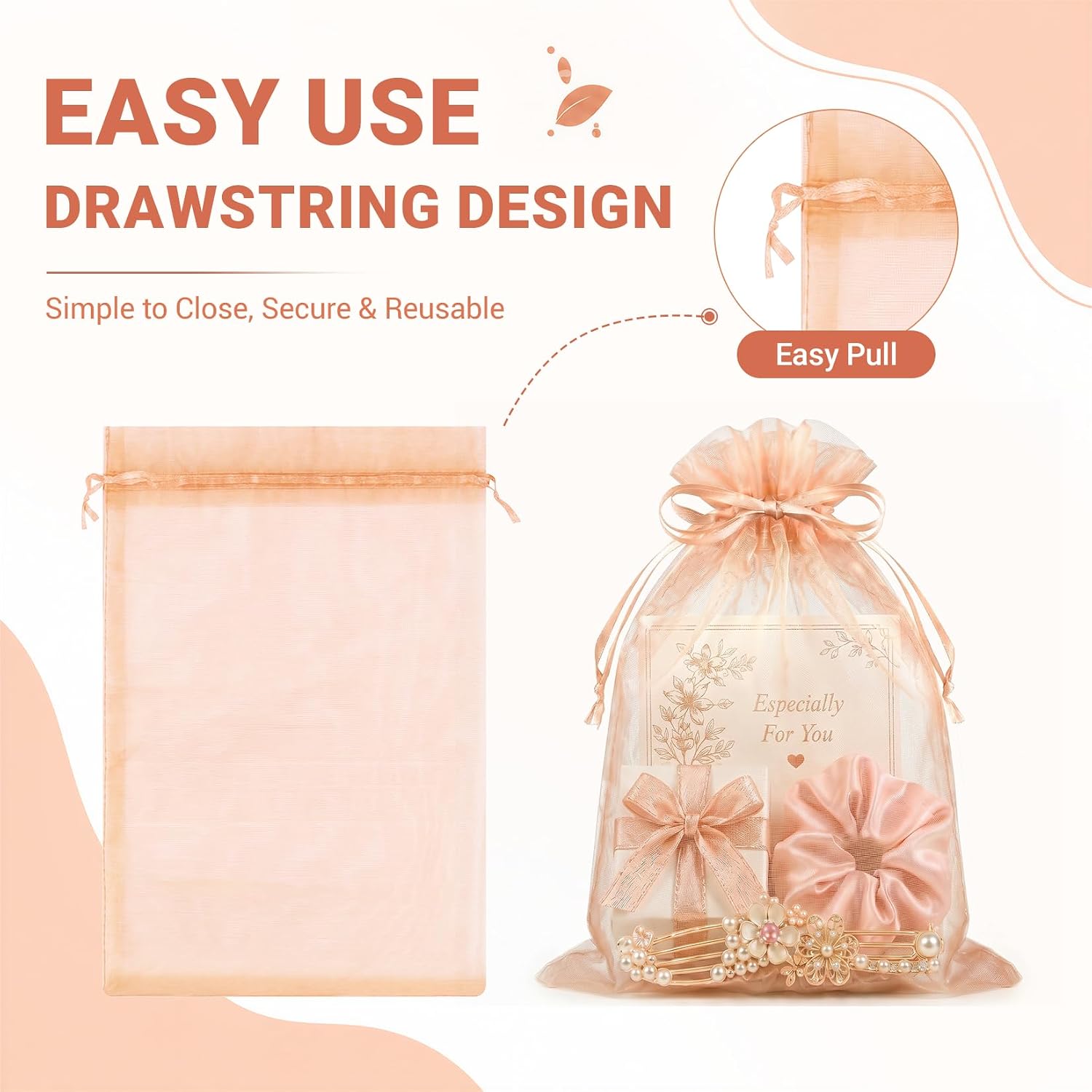 Thumbnail 6 de FUNFERY 100Pcs Peach Champagne Sheer Organza Bags 5x7 in