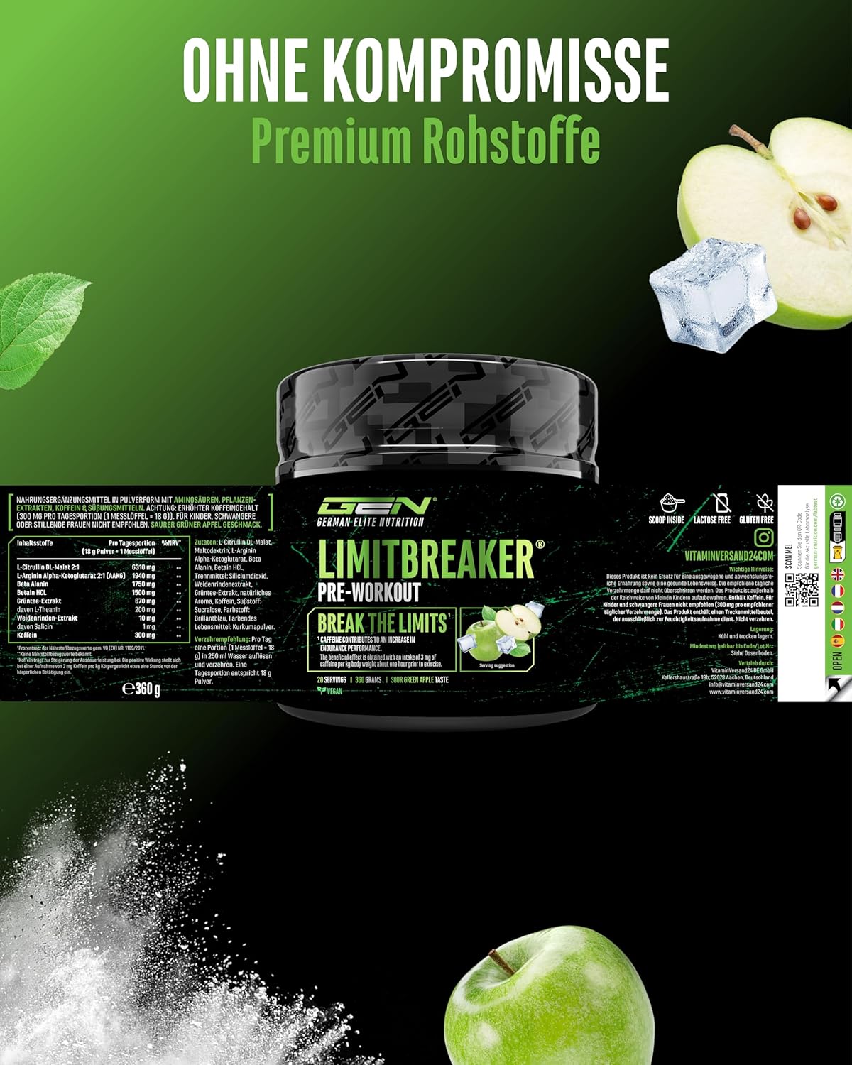 Detalle 2 de LIMITBREAKER® Pre Workout Booster mit Koffein 300 mg – Sour Green Apple, 360 g Pulver