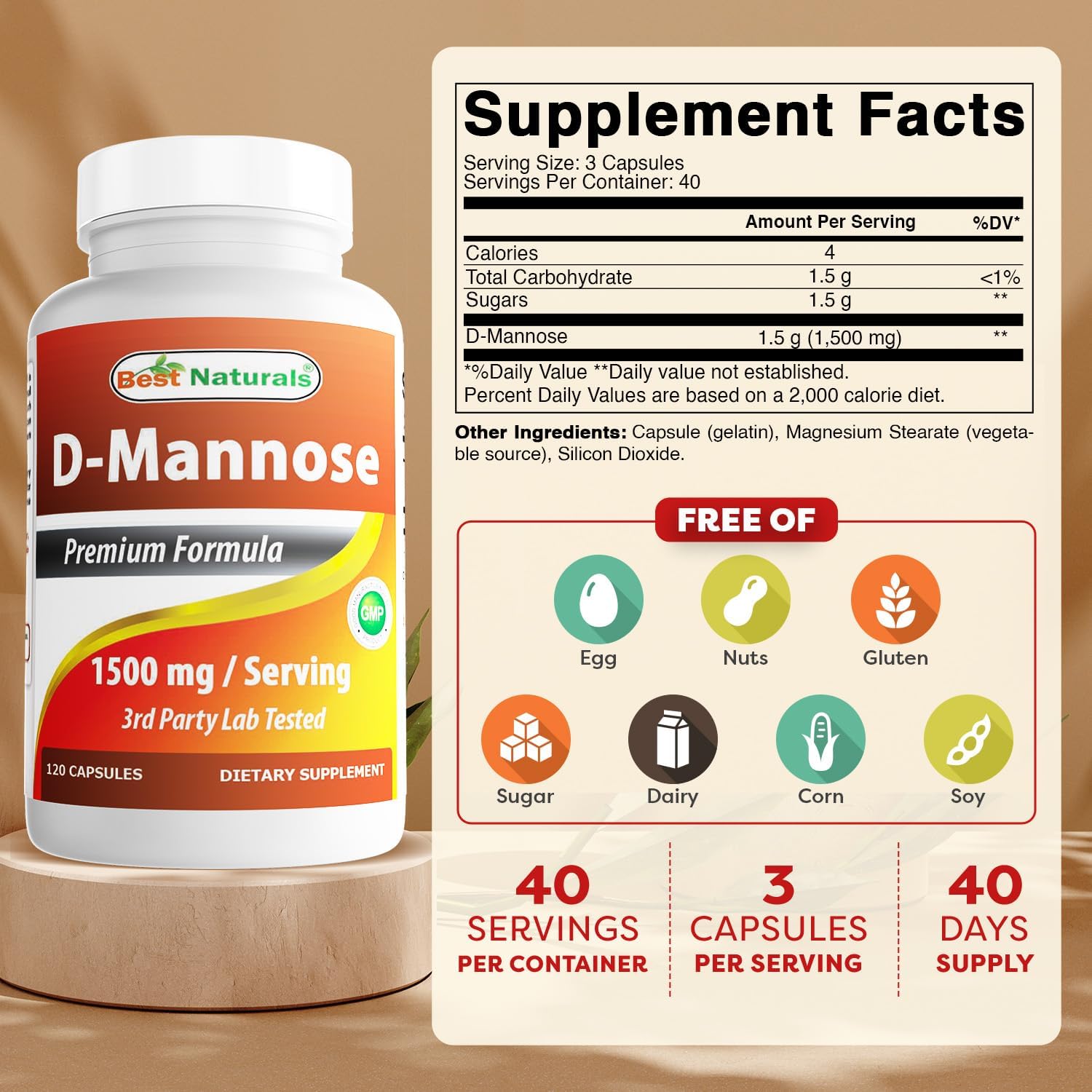 Detalle de Best Naturals D-Mannose Capsules, 120 Count