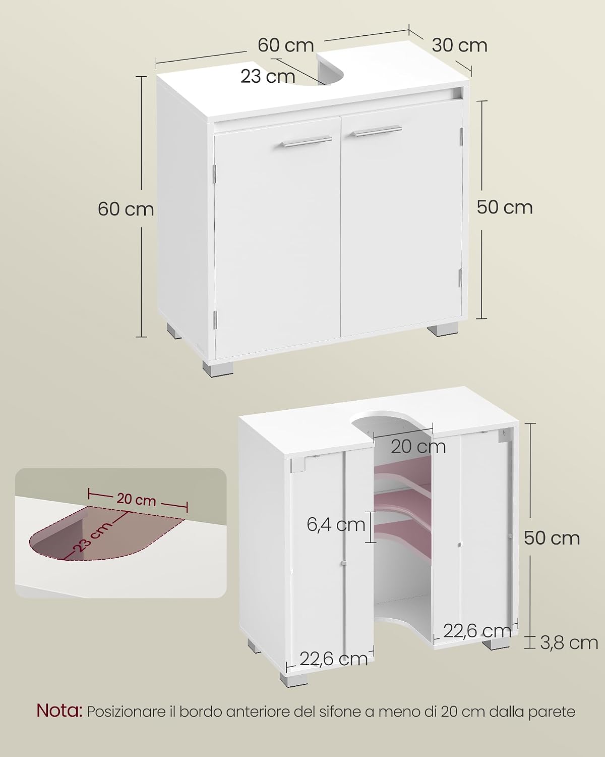 Detalle de VASAGLE Mobile sottolavabo BBK506W01 60 cm