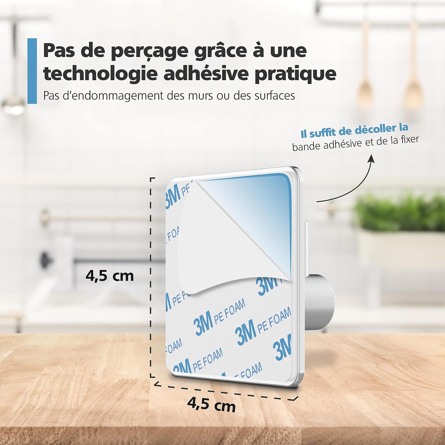 Detalle de VIREA lot de 4 crochets muraux auto-adhésifs en acier inoxydable (sans perçage), forte adhérence jusqu’à 8 kg par crochet