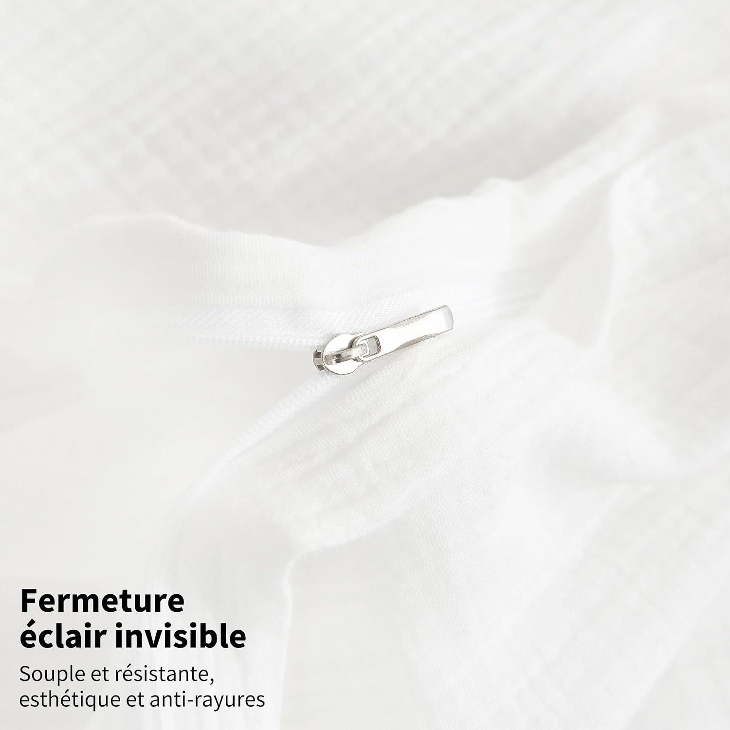 Detalle de YASMENG Parure de lit double en gaze de coton 240x260 blanc, housse de couette zippée et taie 65x65