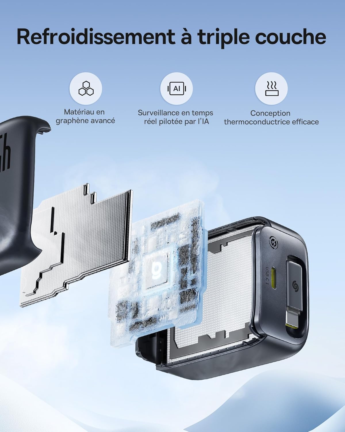 Detalle de Chargeur USB‑C 45W Baseus Enercore avec câble intégré – charge rapide et rétractable