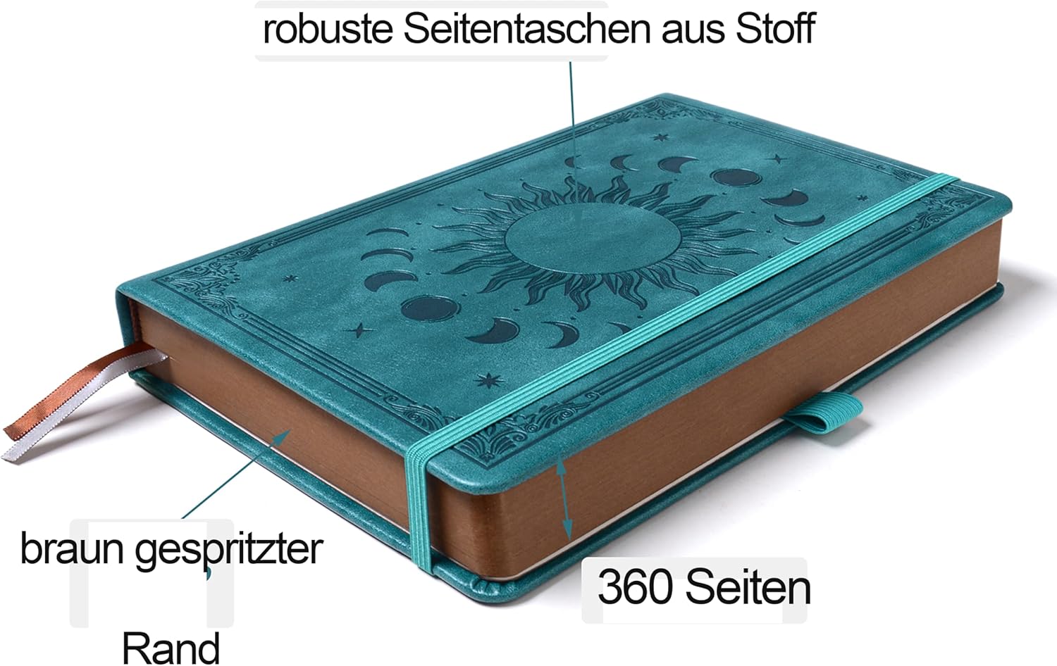 Detalle 2 de HwxBen Notizbuch 14.5 × 21 cm | Liniert, 360 Seiten, PU-Leder Hardcover im Vintage Sonne & Mond Design – Seegrün