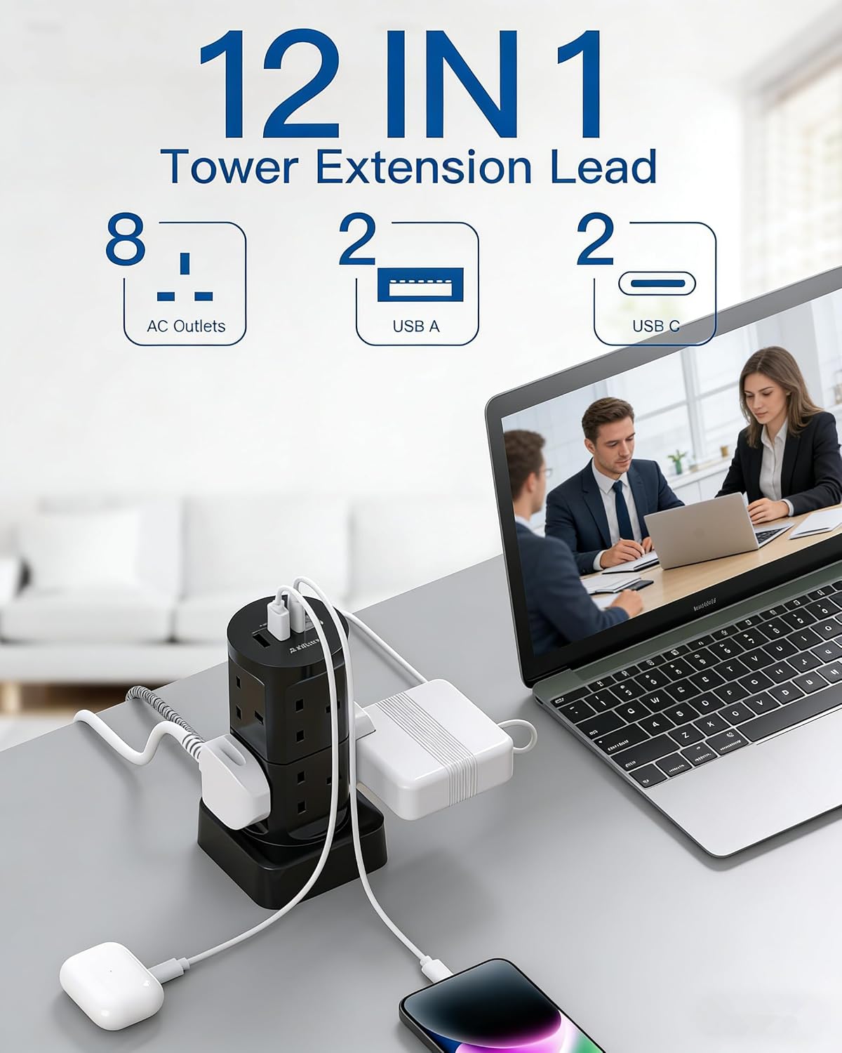 Thumbnail 1 de 3M Tower Extension Lead with USB Slots (8-Way) - 13A 3250W with Built-in USB-C & USB-A Ports