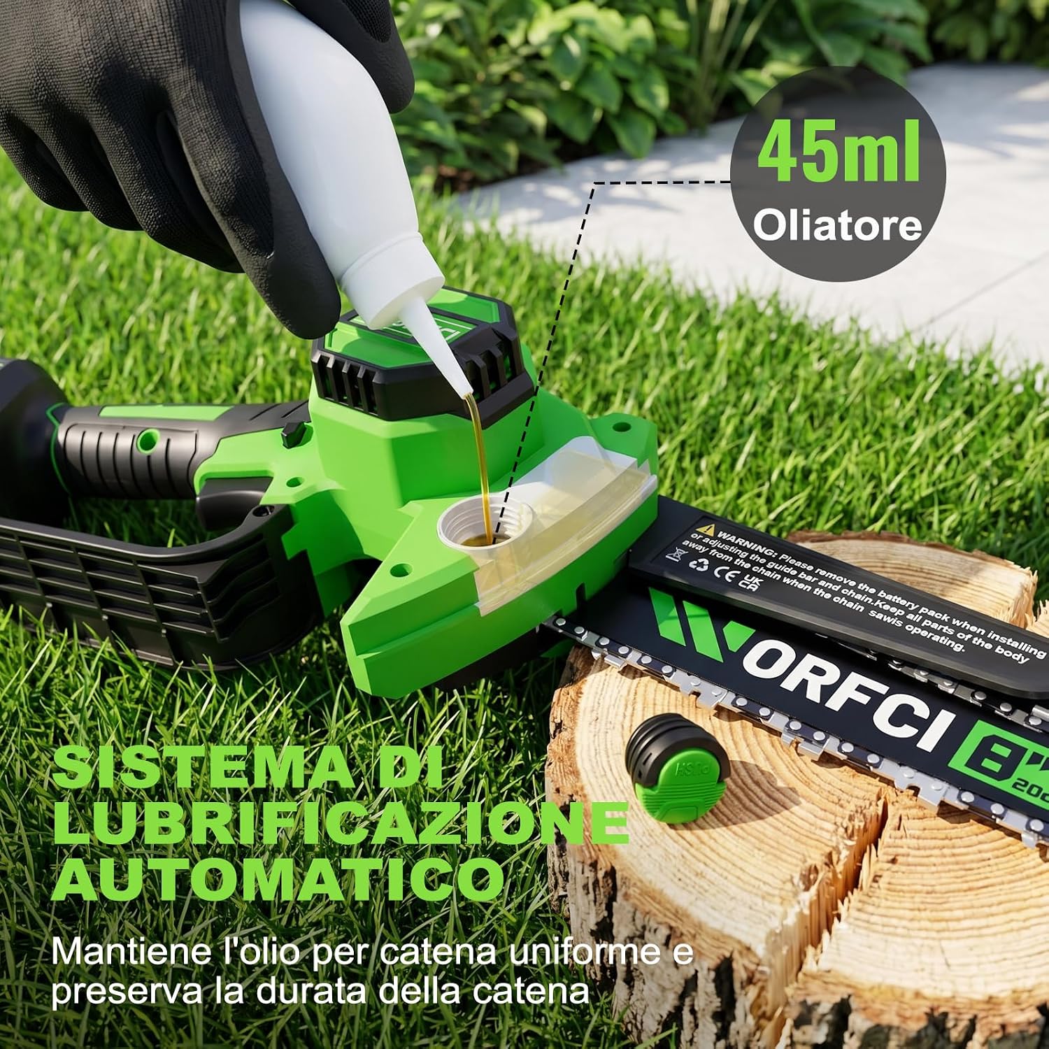 Detalle de WORFCI 8 Pollici Mini Motosega con 2 Batterie e Caricatore – Motosega a Percussione Senza Fili, Brushless, Lubrificazione Automatica