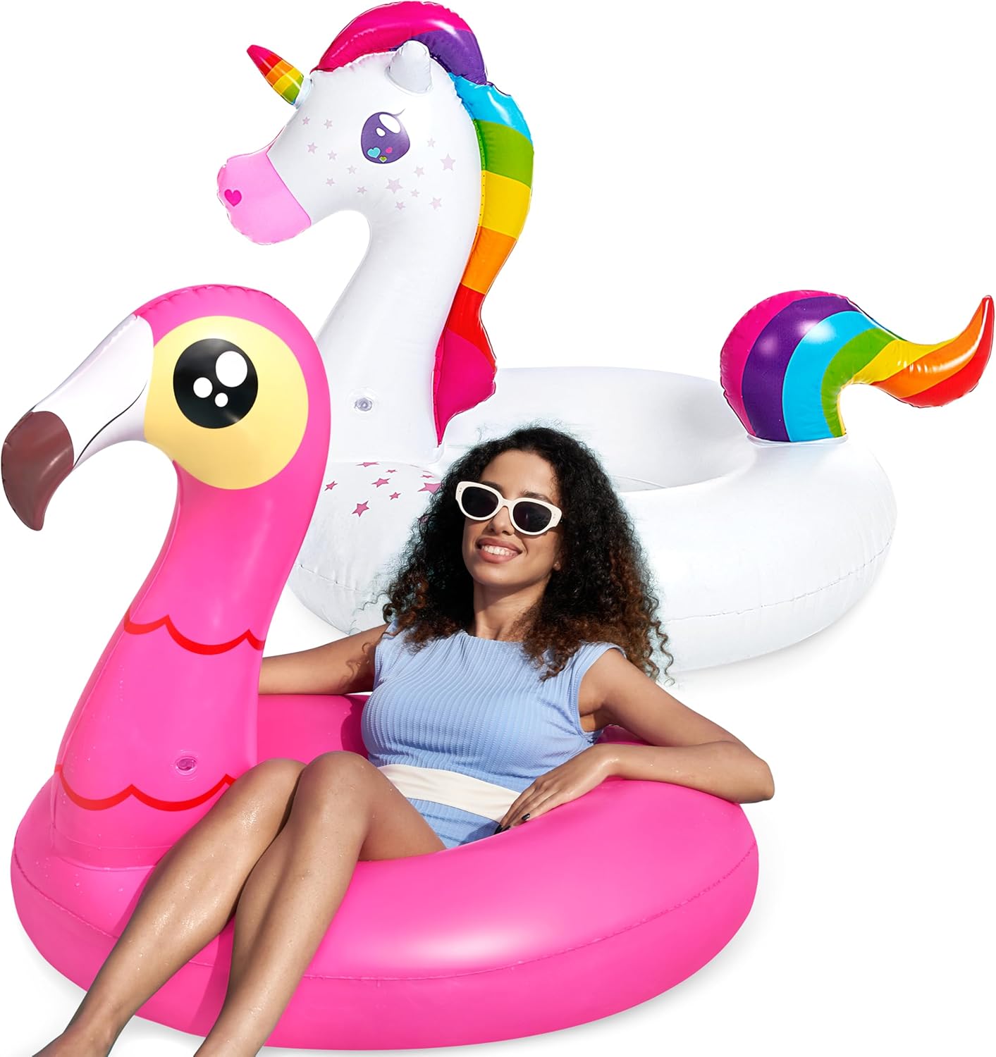 Detalle de JOYIN 2er-Set aufblasbare Einhorn- und Flamingo-Luftmatratzen mit Glitzer – Pool- & Strandspielzeug (102 × 99 cm)