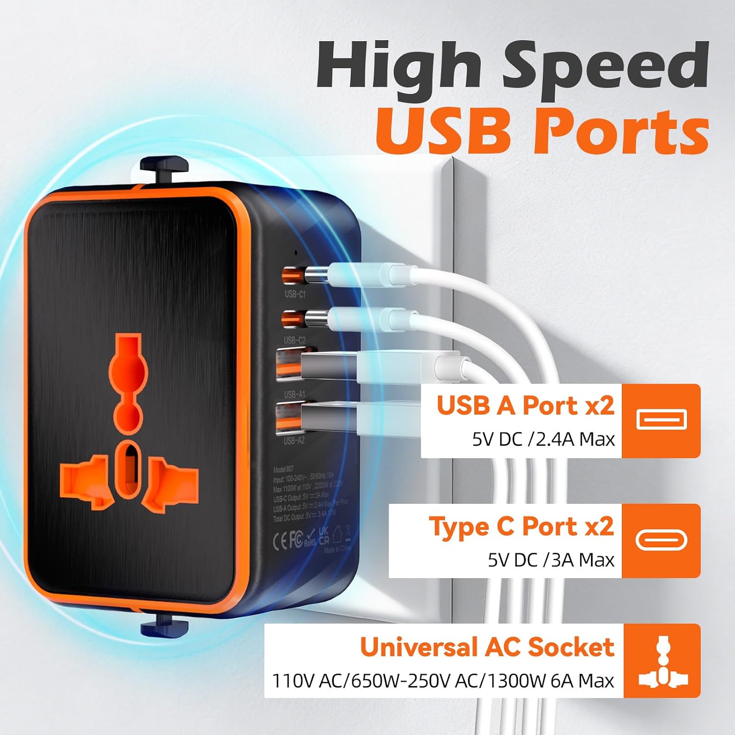 Detalle de Universal Travel Adapter: All-in-One World Plug with UK, EU, AU, US Sockets & 4 USB Ports