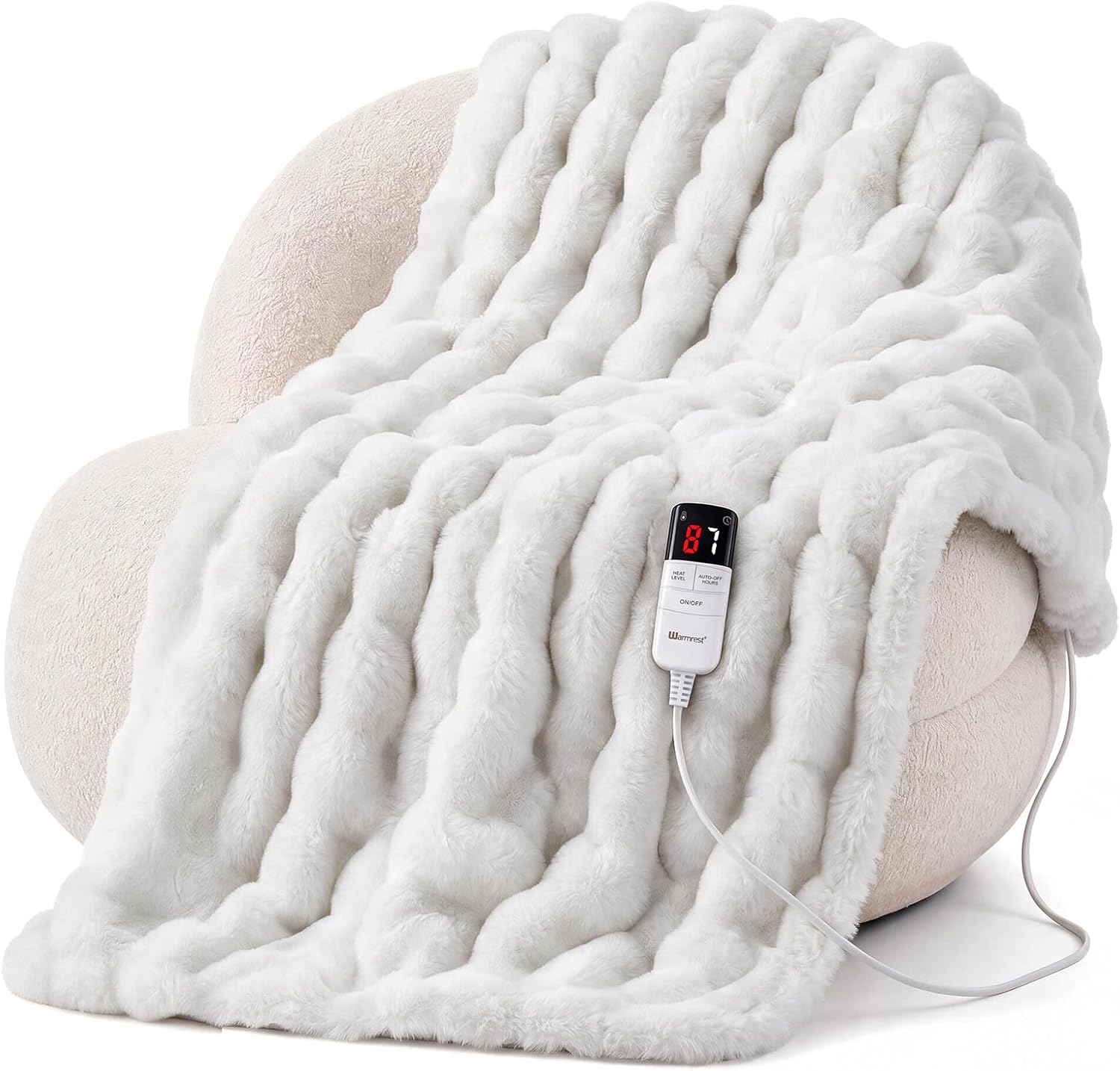Detalle de Warmrest WR-POPRA50-WHITE Heated Throw Blanket, 9 Heat Settings, White Faux Fur