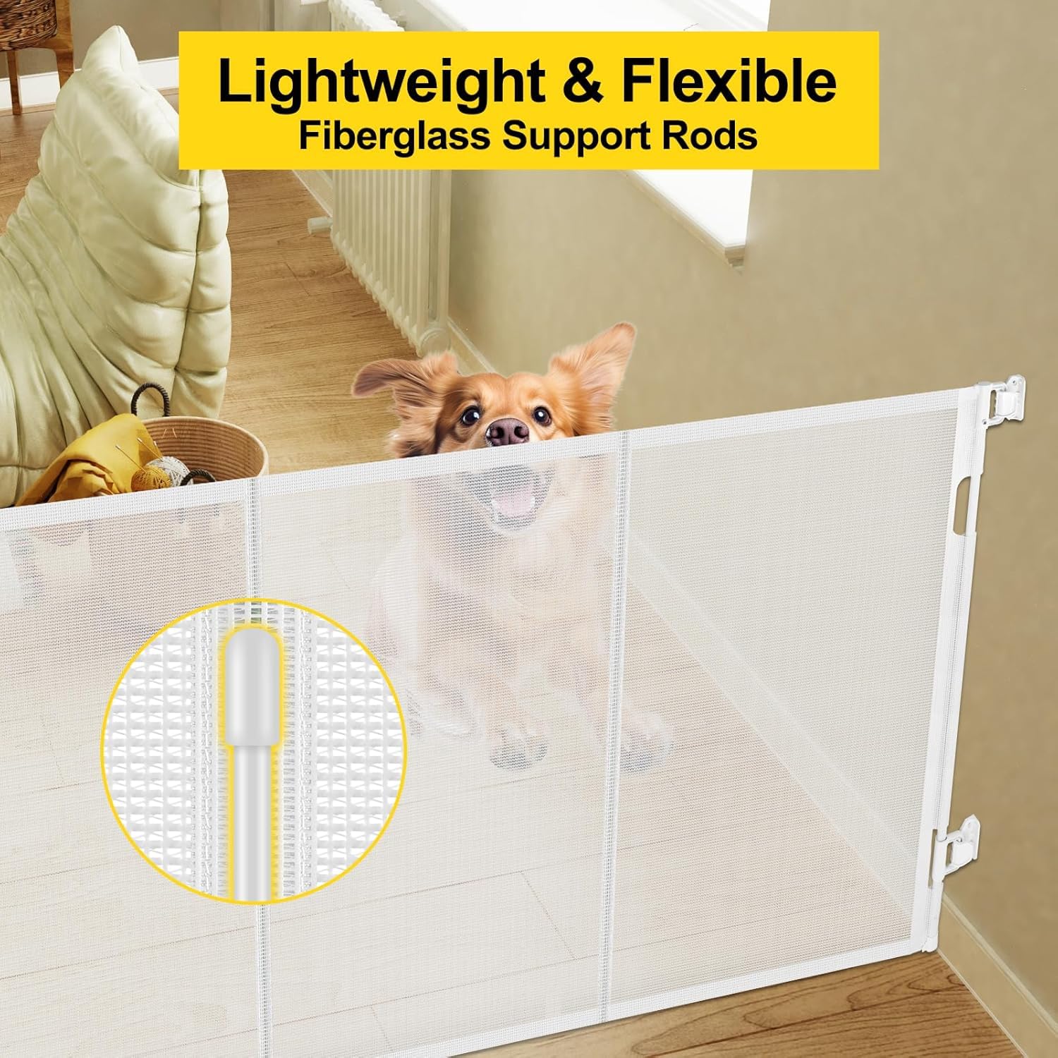 Detalle de Bingguz AKTDWP6K 42-Inch Retractable Baby Gate, Reinforced Mesh, Double Lock