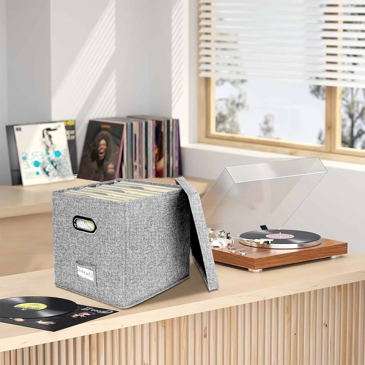 Detalle de Aolawco 2-Pack 12-inch Vinyl Record Storage Boxes with Lids & Handles (Grey) – Folding LP/ CD Organiser