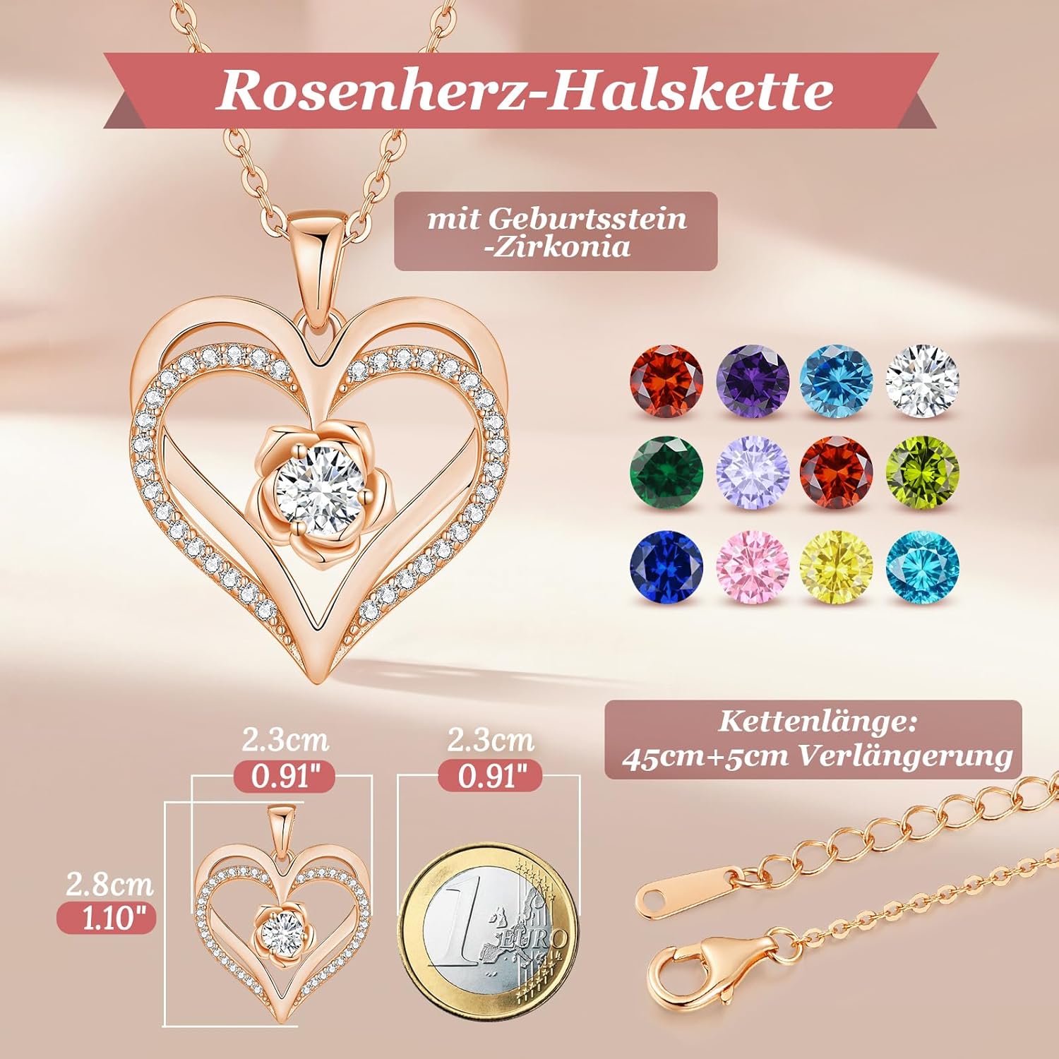 Thumbnail 3 de CDE Damen Kette Rosegold Herz mit Sterling Silber 925, Geburtsstein und Anhänger (Valentinstag/Muttertag)