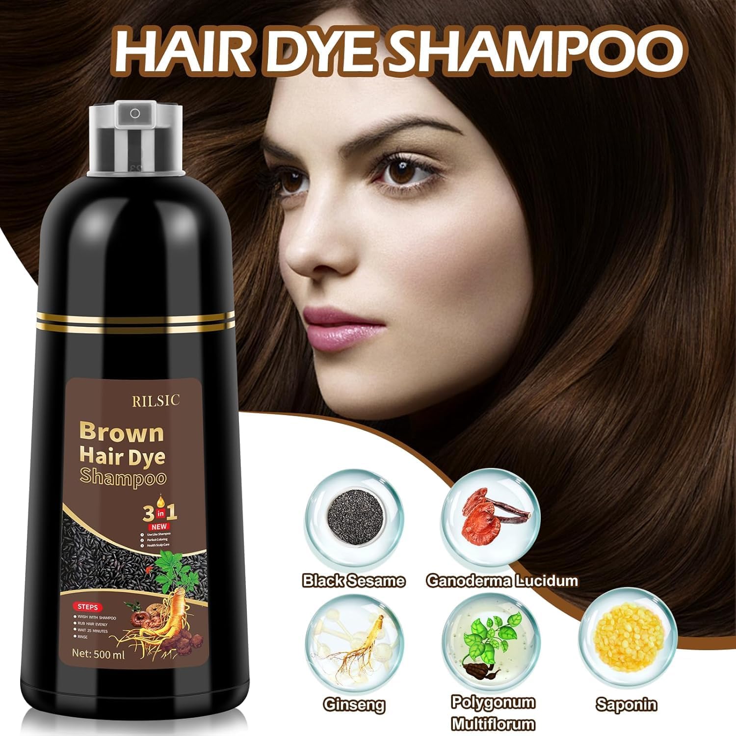 Thumbnail 1 de Hair Dye Shampoo 3 in 1 500ML - Nero per Donna e Uomo, tintura istantanea, colorante capelli naturalish