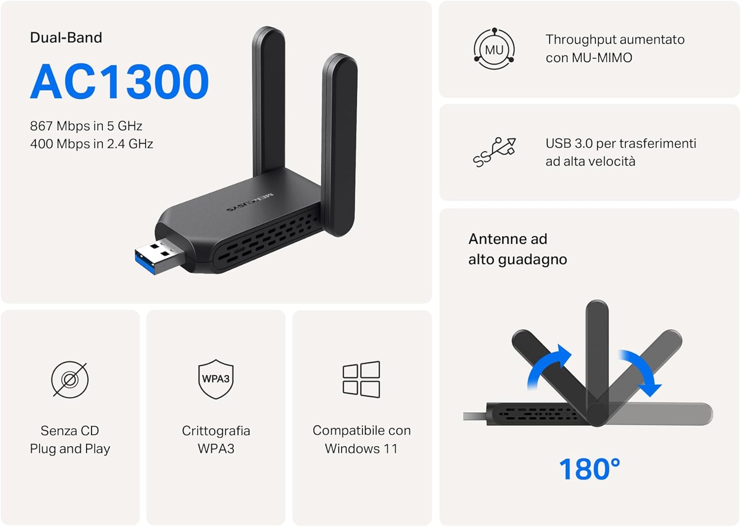Thumbnail 4 de Mercusys TP-Link MA32H chiavetta Wi‑Fi USB AC1300 2 antenne