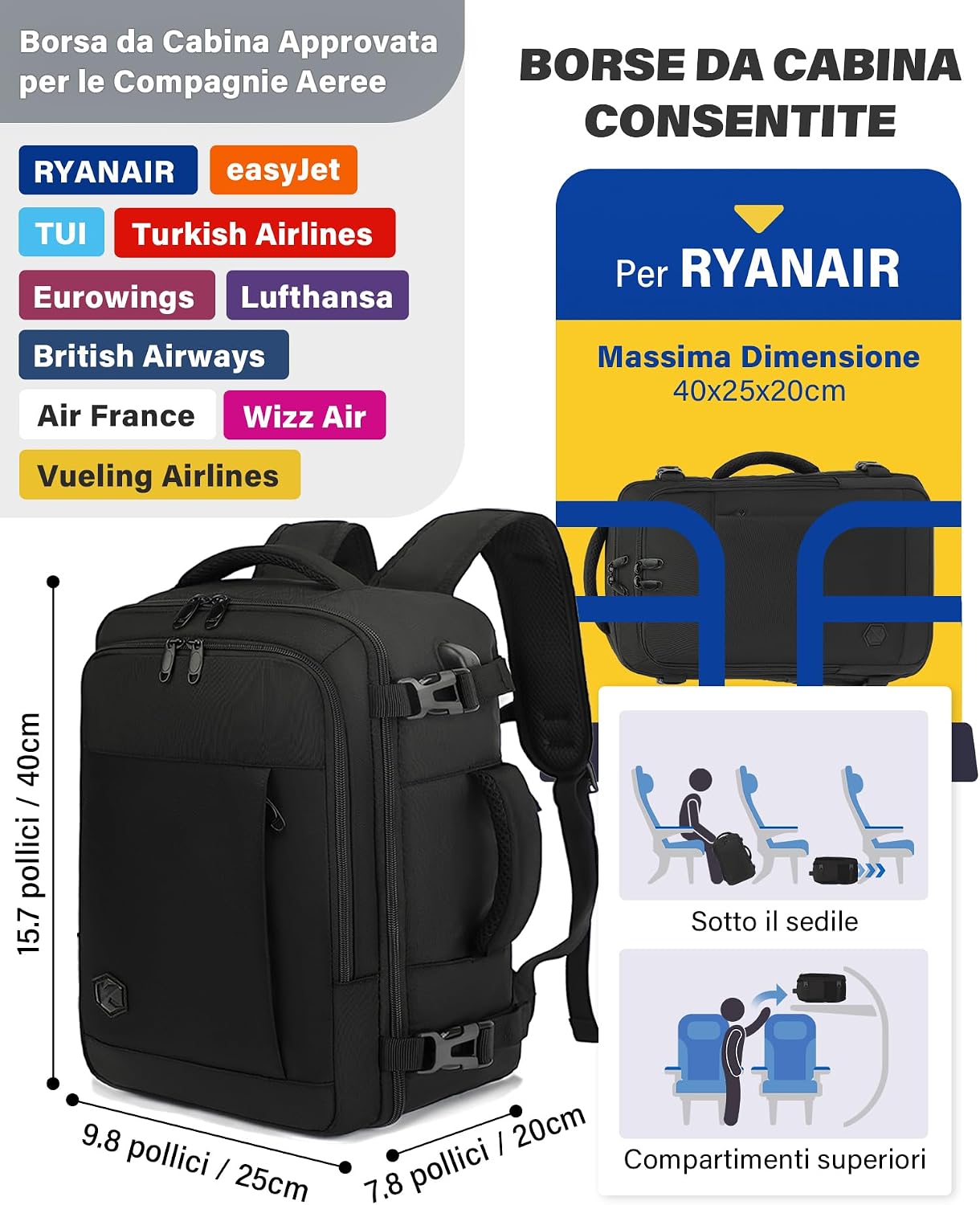 Detalle de VANKEV Zaino Ryanair 20L 40x20x25