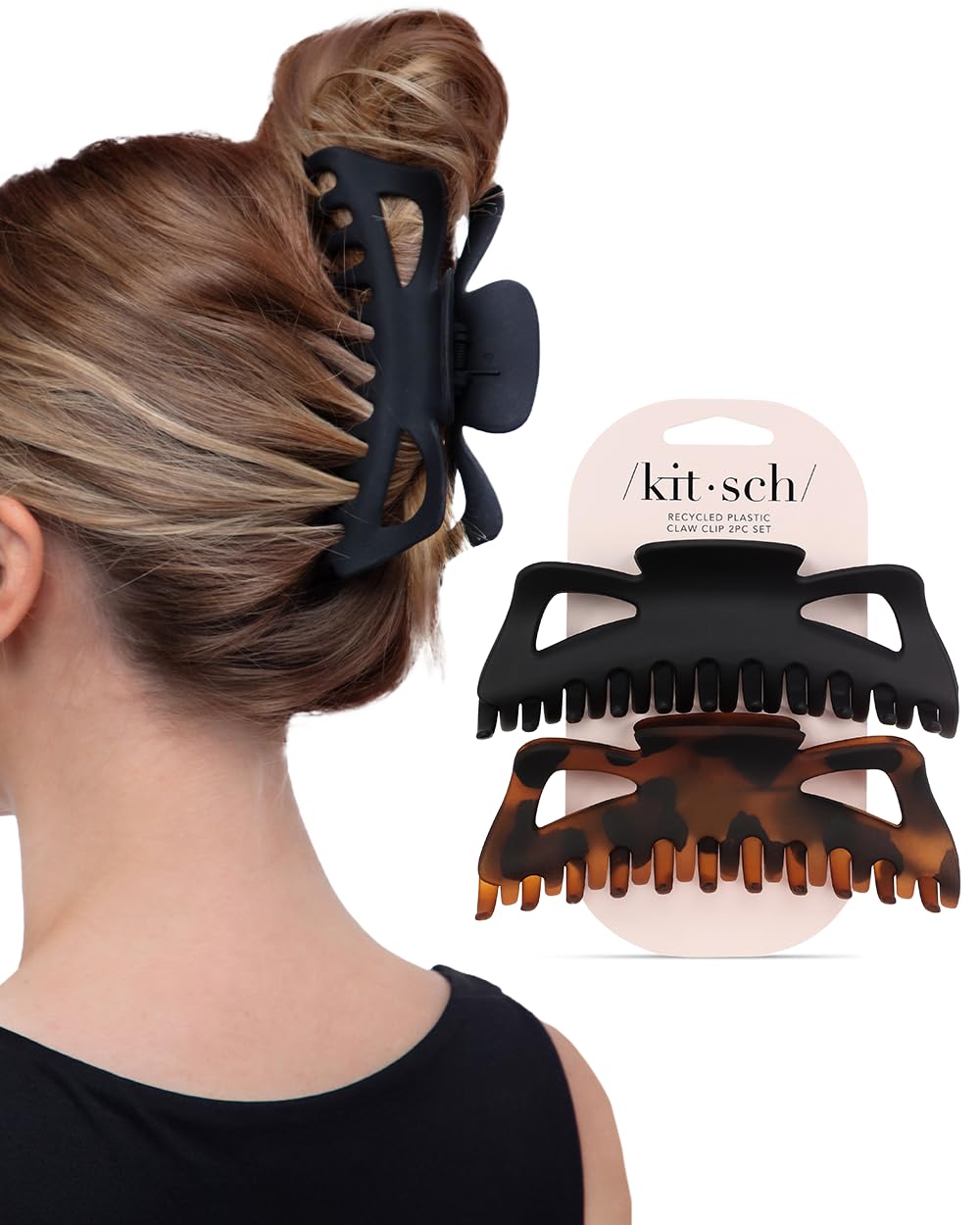 Detalle de Kitsch 5 Inch Large Claw Clips for Thick and Long Hair – 2pcs Matte Jumbo Claw Clips (Black & Tortoise)